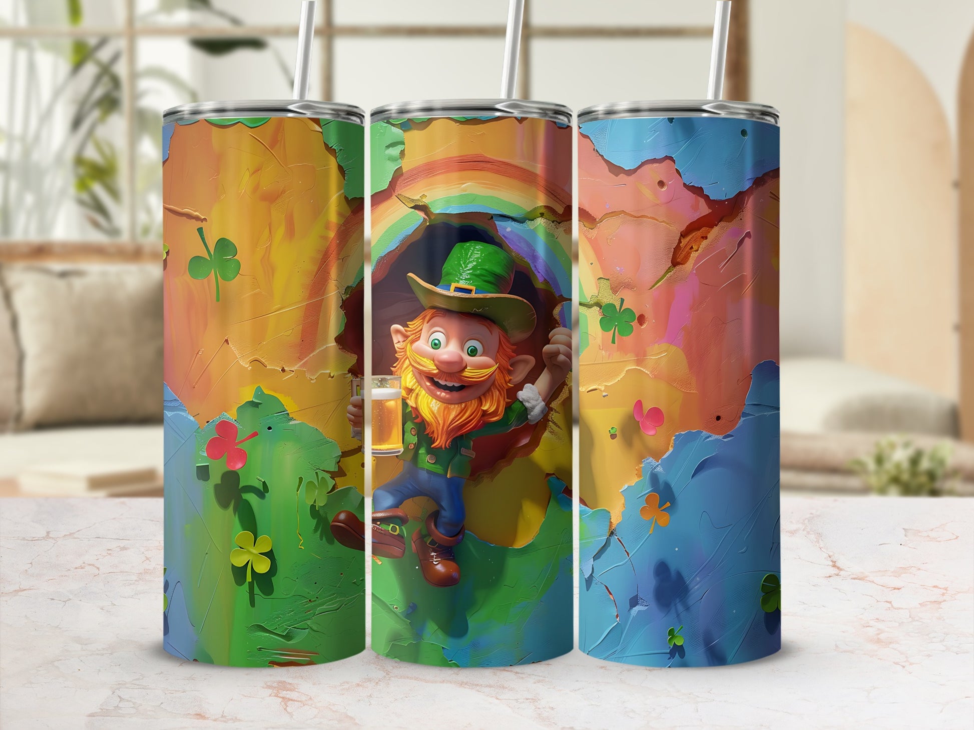 Leprechaun with rainbow and beer on St. Patrick's Day tumbler.