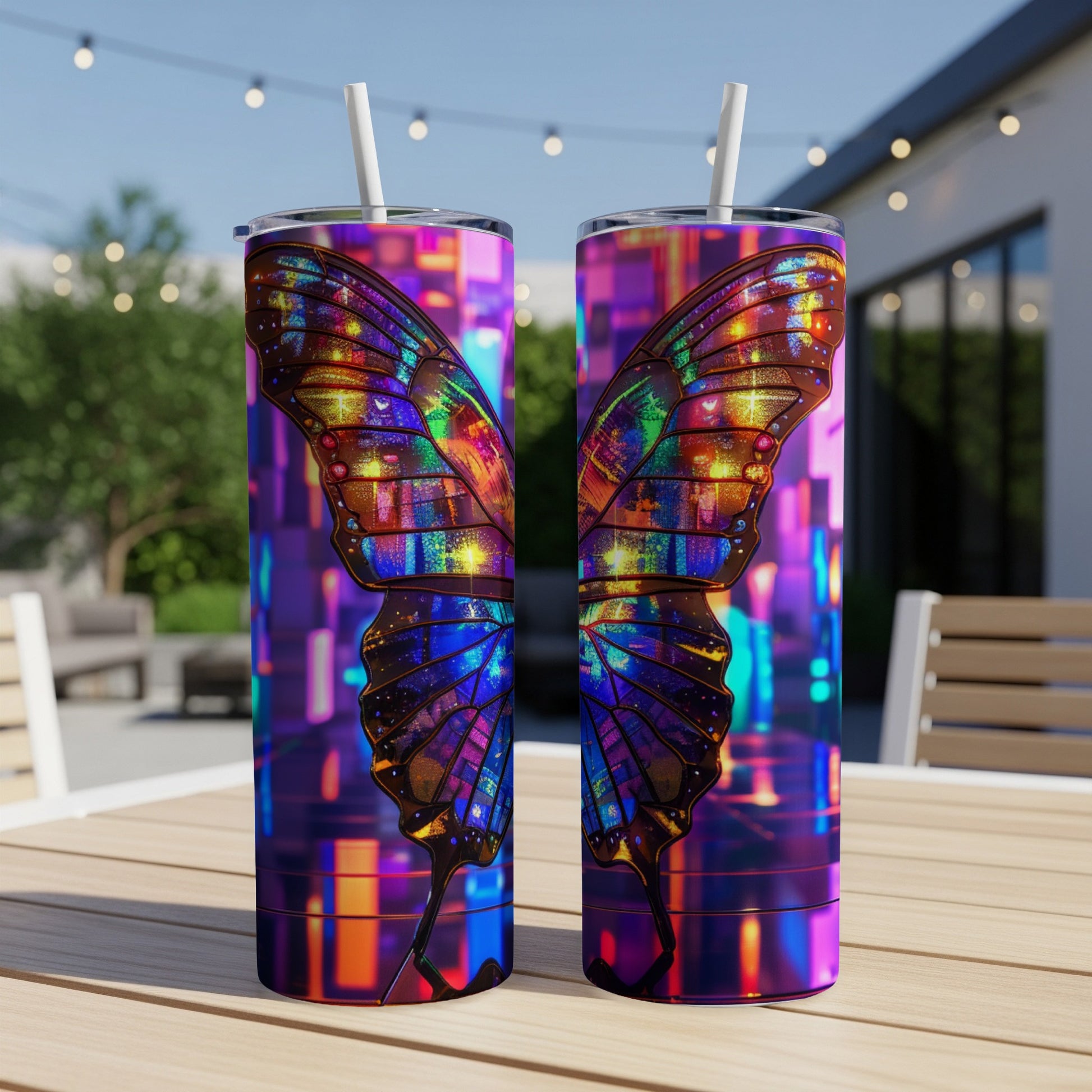 Two tall tumblers featuring a stained-glass butterfly design with purple and blue city lights.