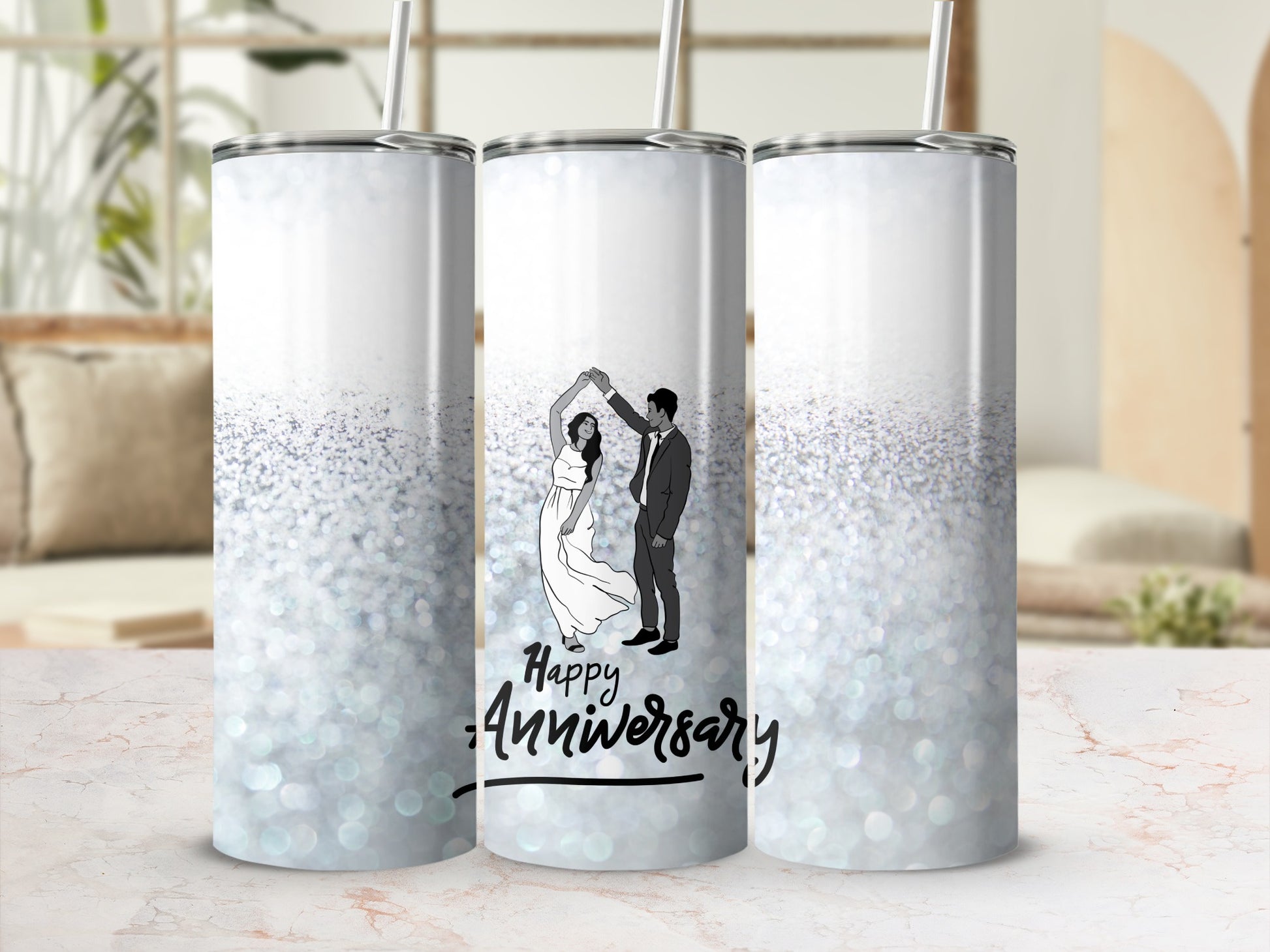 Three tumblers with a wedding couple dancing and "Happy Anniversary" text.