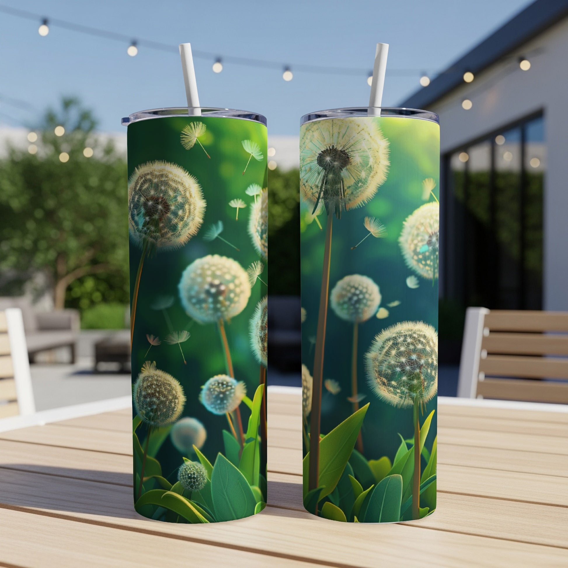 Two tumblers with dandelion seed heads and green leaves on a table.