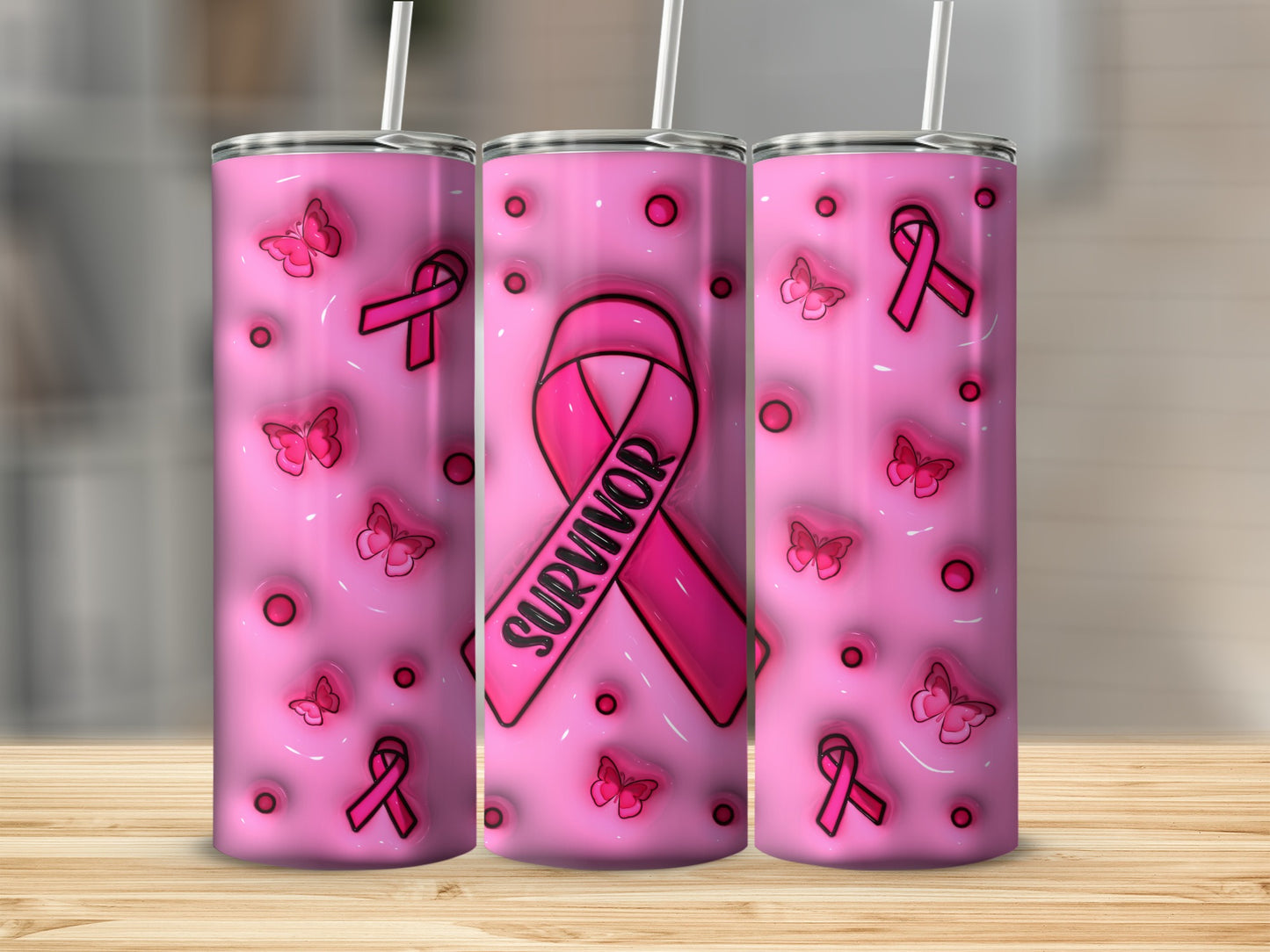 Pink tumbler with "Survivor" ribbon and butterflies.