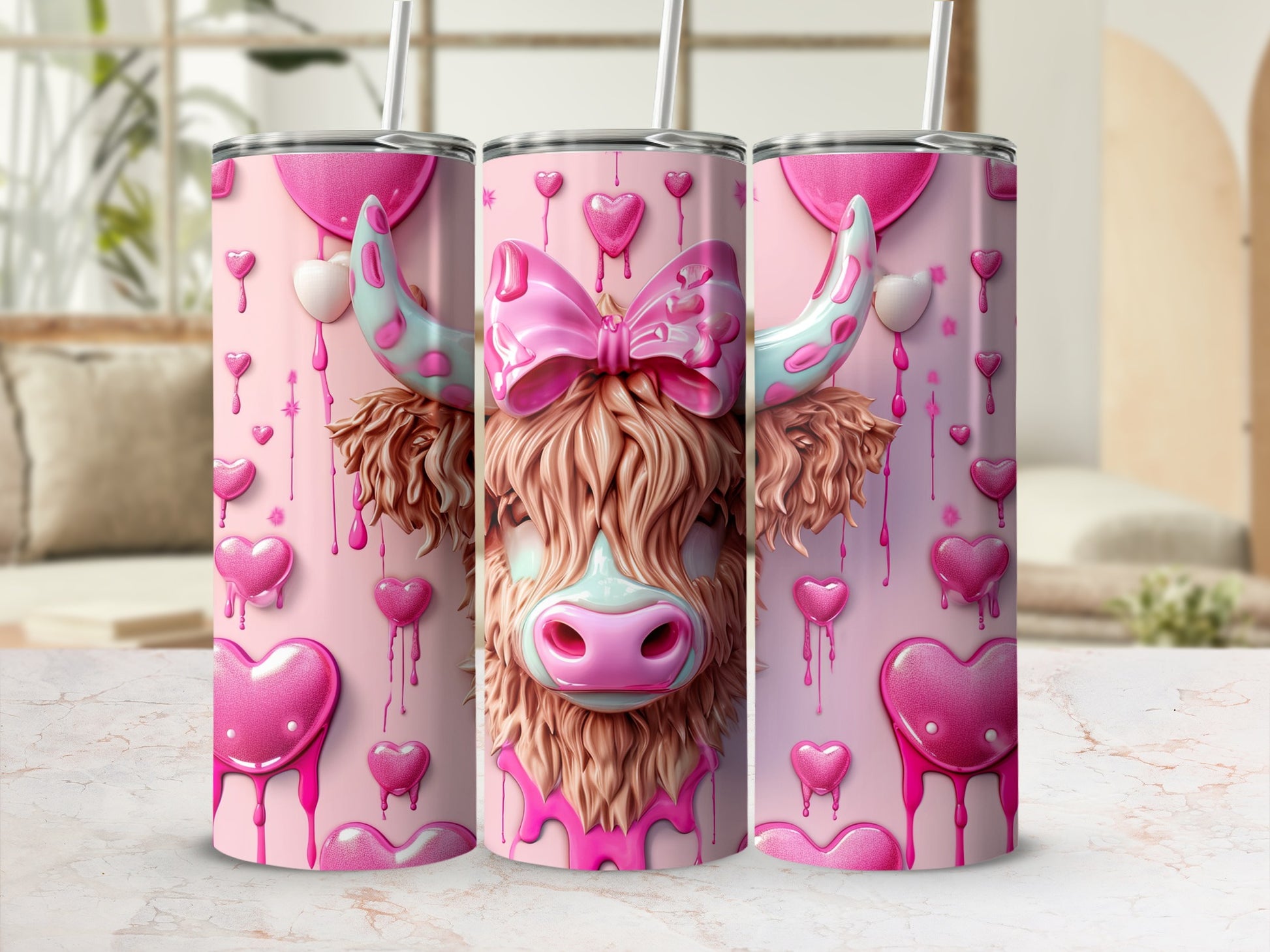 Pink tumbler with a cartoon Highland cow wearing a bow, surrounded by hearts.