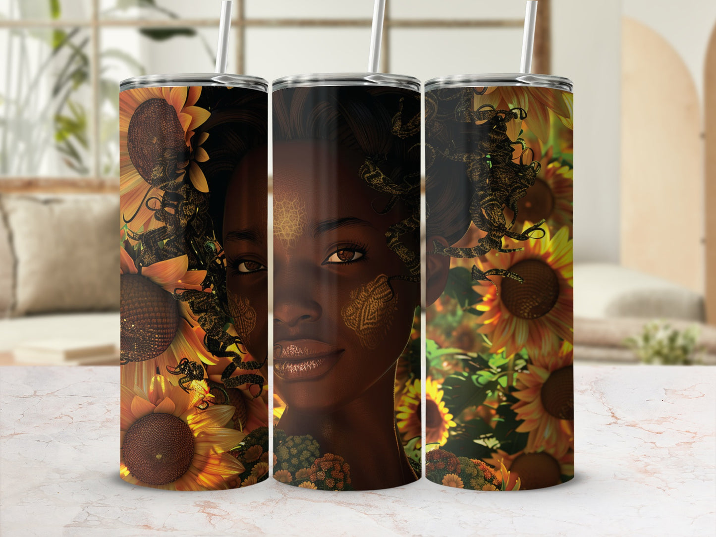 Tumbler featuring a woman's face adorned with sunflowers and gold markings.