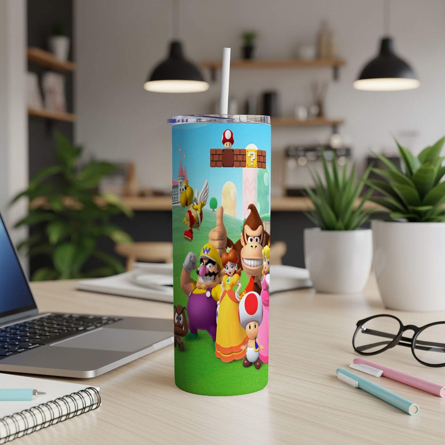 Mario, Luigi, Princess Peach, Donkey Kong, and Toad characters on a colorful tumbler.