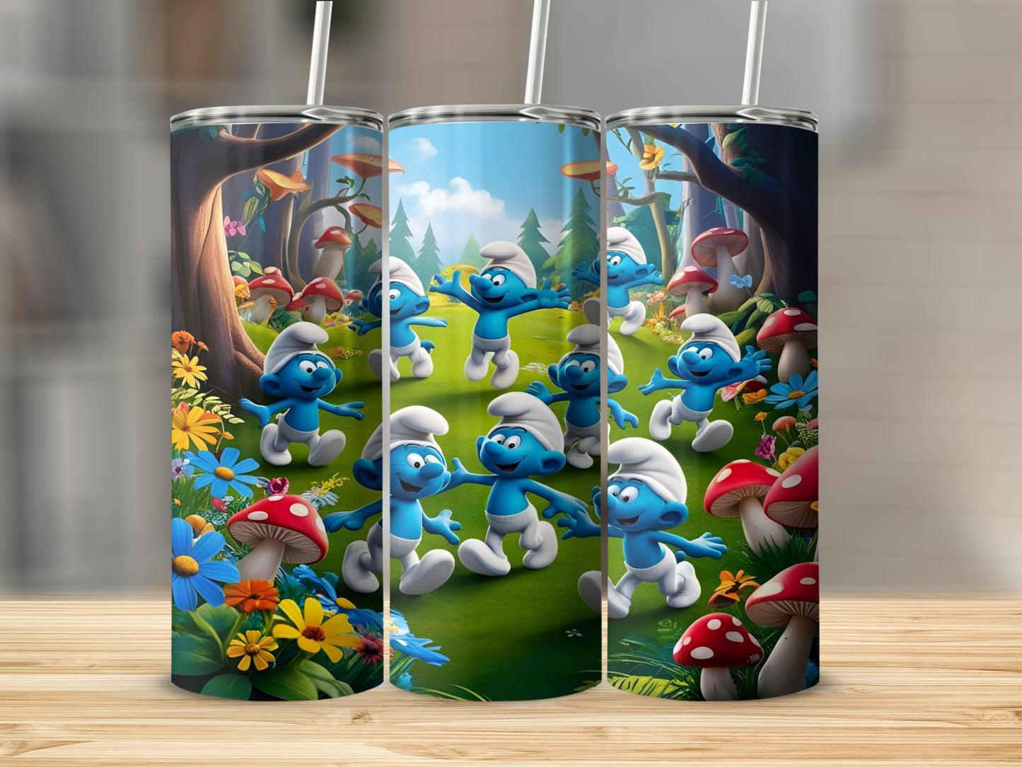 Smurfs dancing in a forest clearing with colorful flowers and mushrooms.