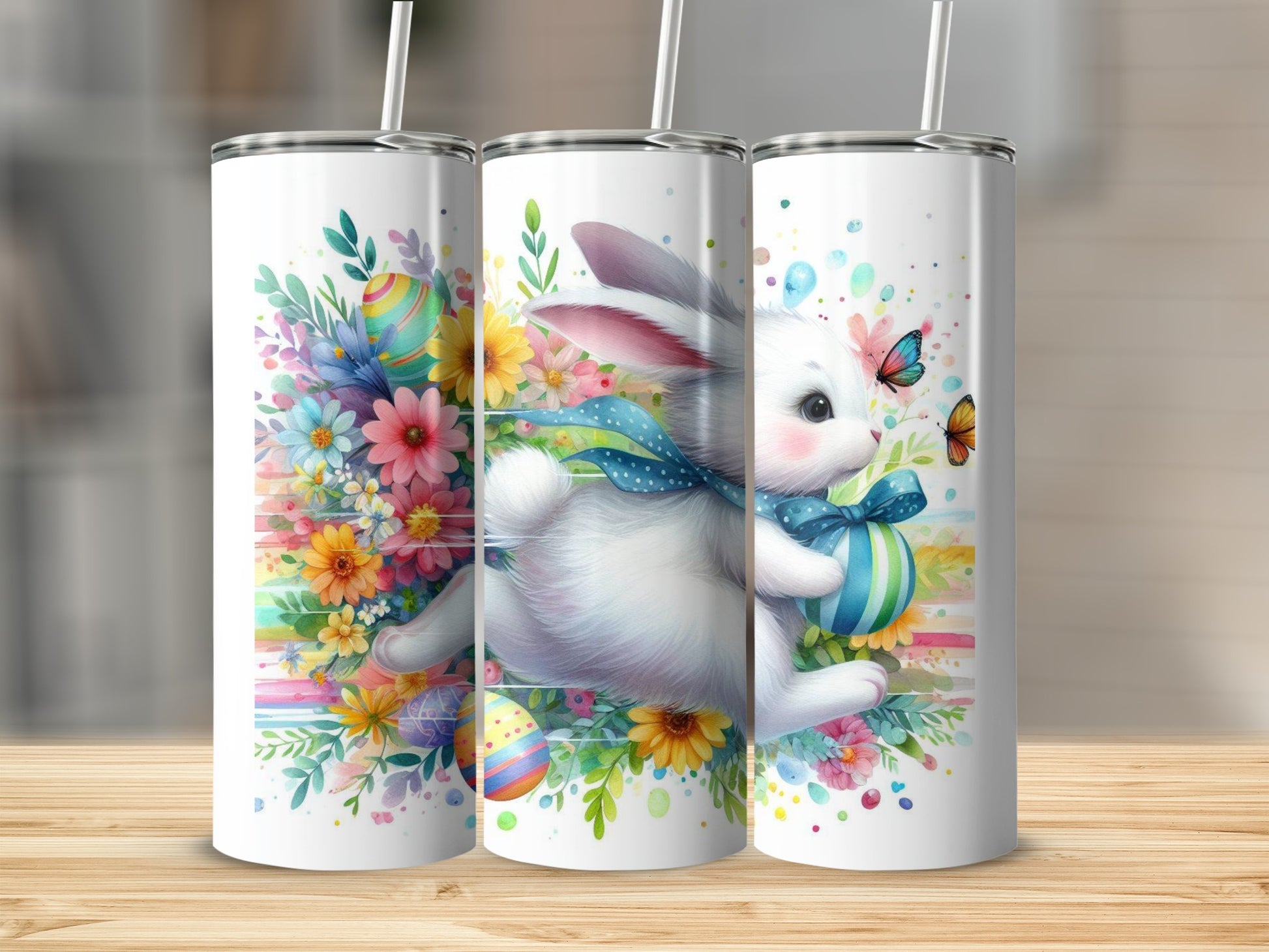 White bunny with Easter eggs and colorful flowers, butterfly on tumbler.