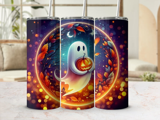 Three tumblers with a Halloween ghost holding a jack-o'-lantern, surrounded by autumn leaves and bokeh lights.