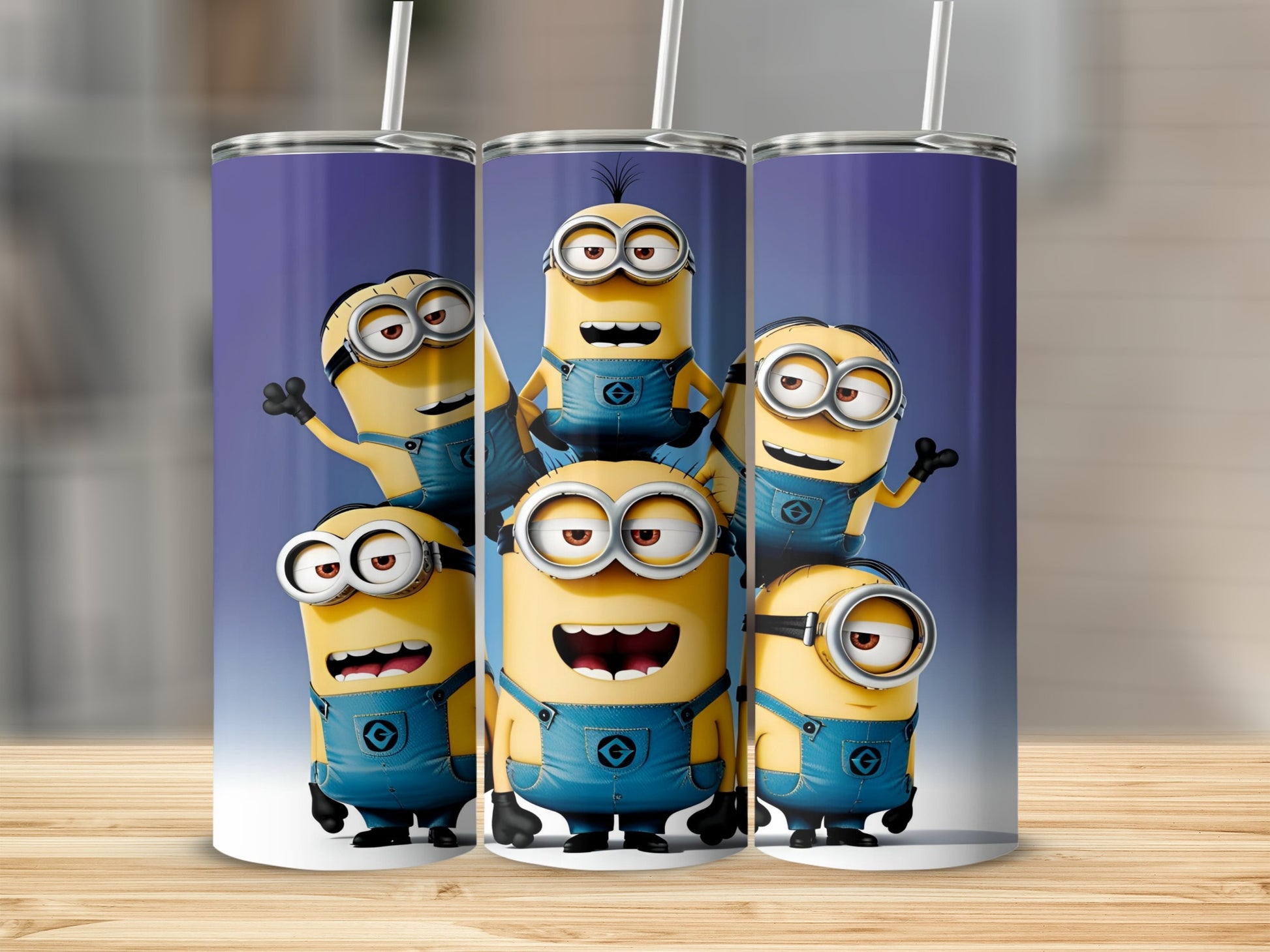 Six Minions in blue overalls with goggles on a purple background.