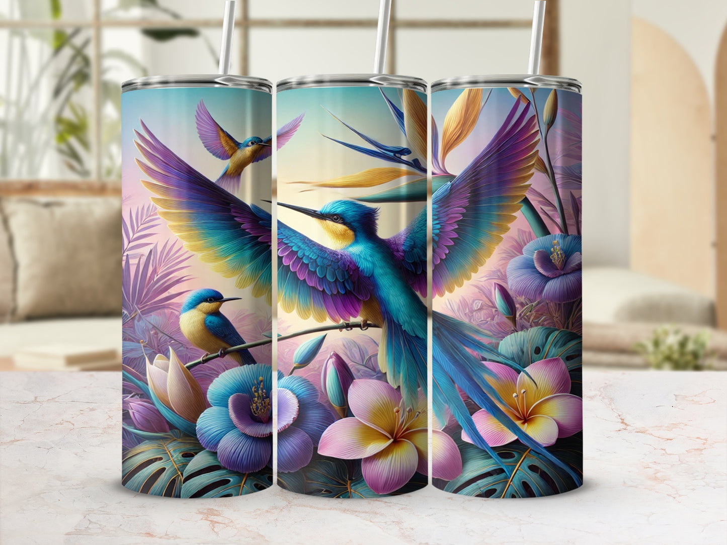 Vibrant Tropical Birds with Flowers Design Tumbler