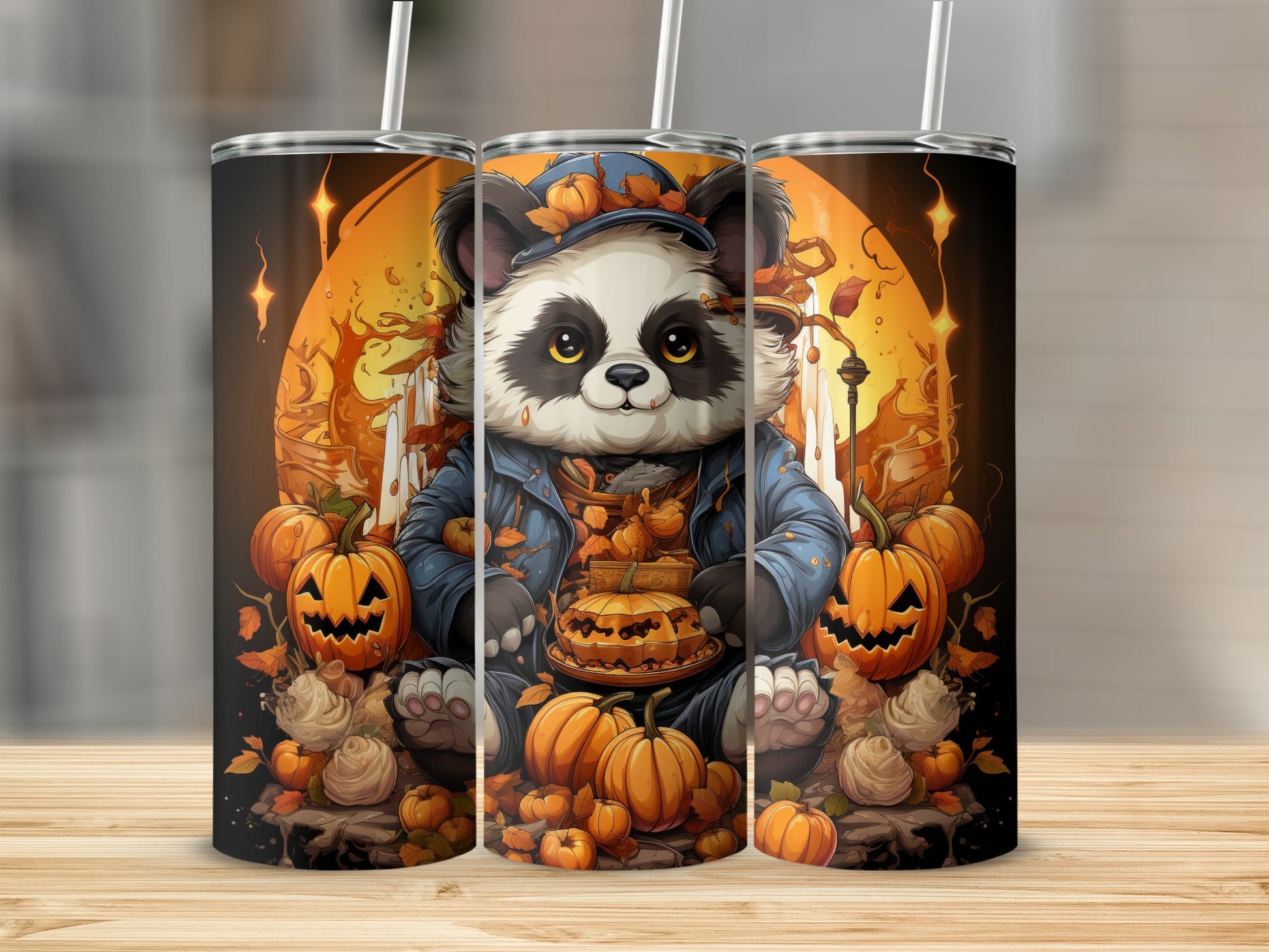Panda in blue jacket with pumpkins and fall leaves, Halloween theme.