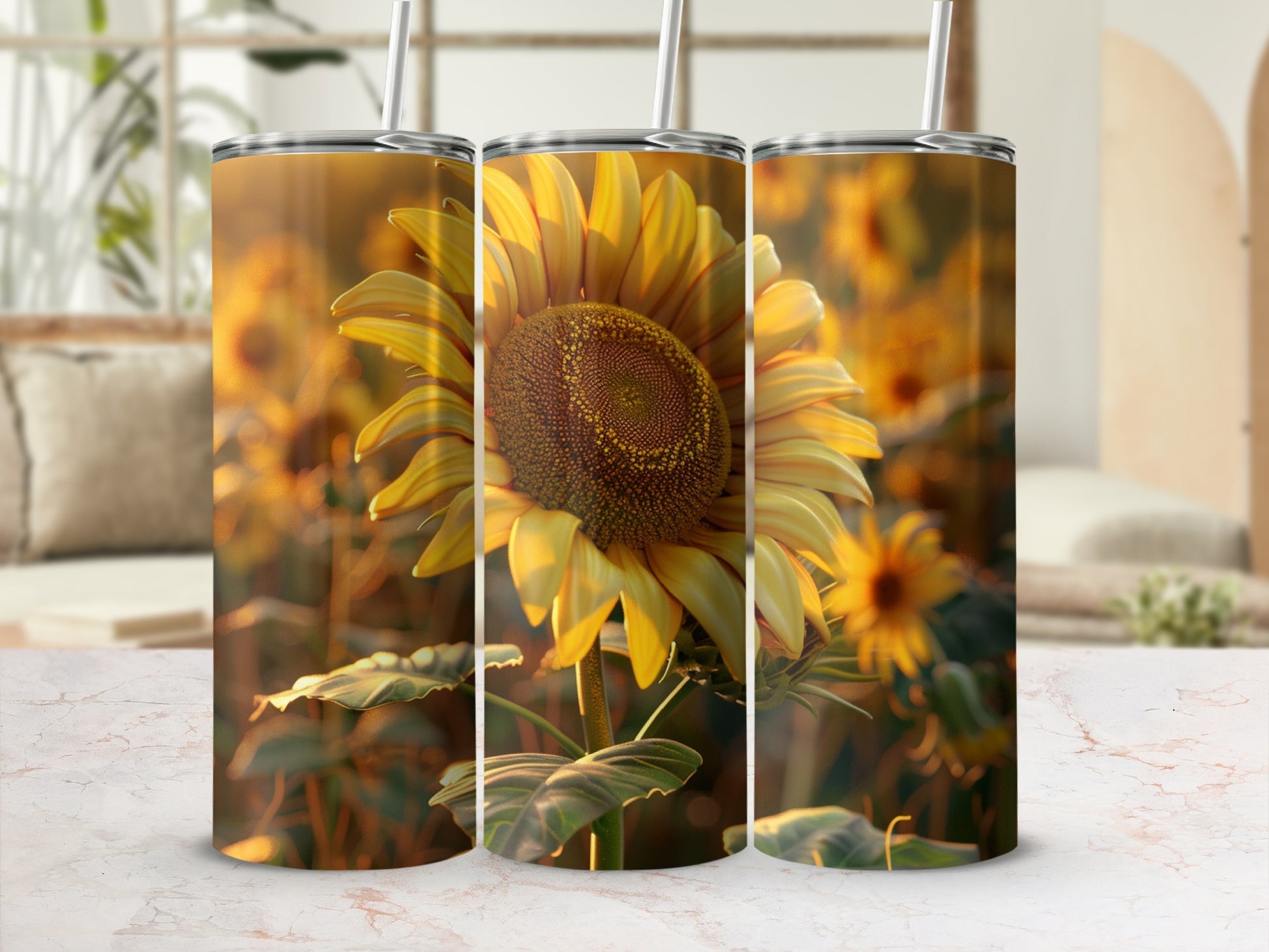 Sunflower tumbler with detailed floral pattern and soft background lighting.