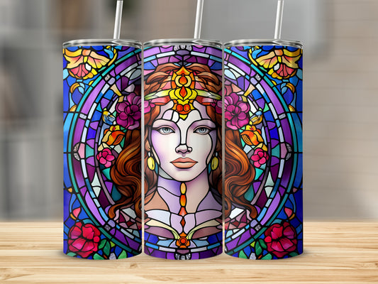 Stained glass design of a woman with floral crown on a tumbler.