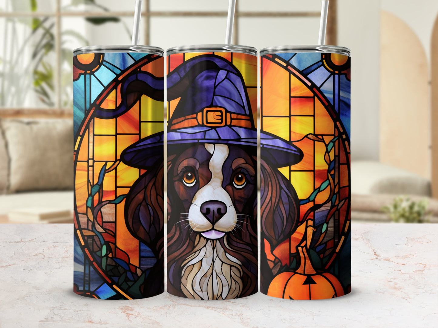 Brown and white dog in witch hat with pumpkin, stained glass background.