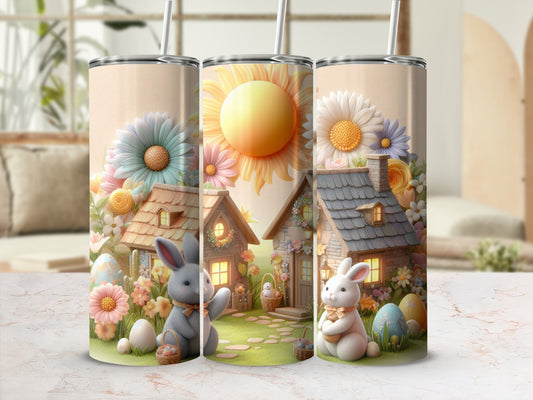 Easter bunnies and cottages with floral and egg decorations.
