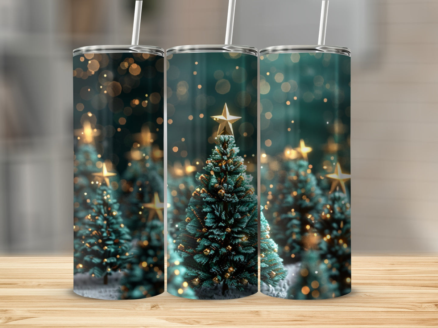 Christmas trees with gold stars and bokeh lights on a tumbler.