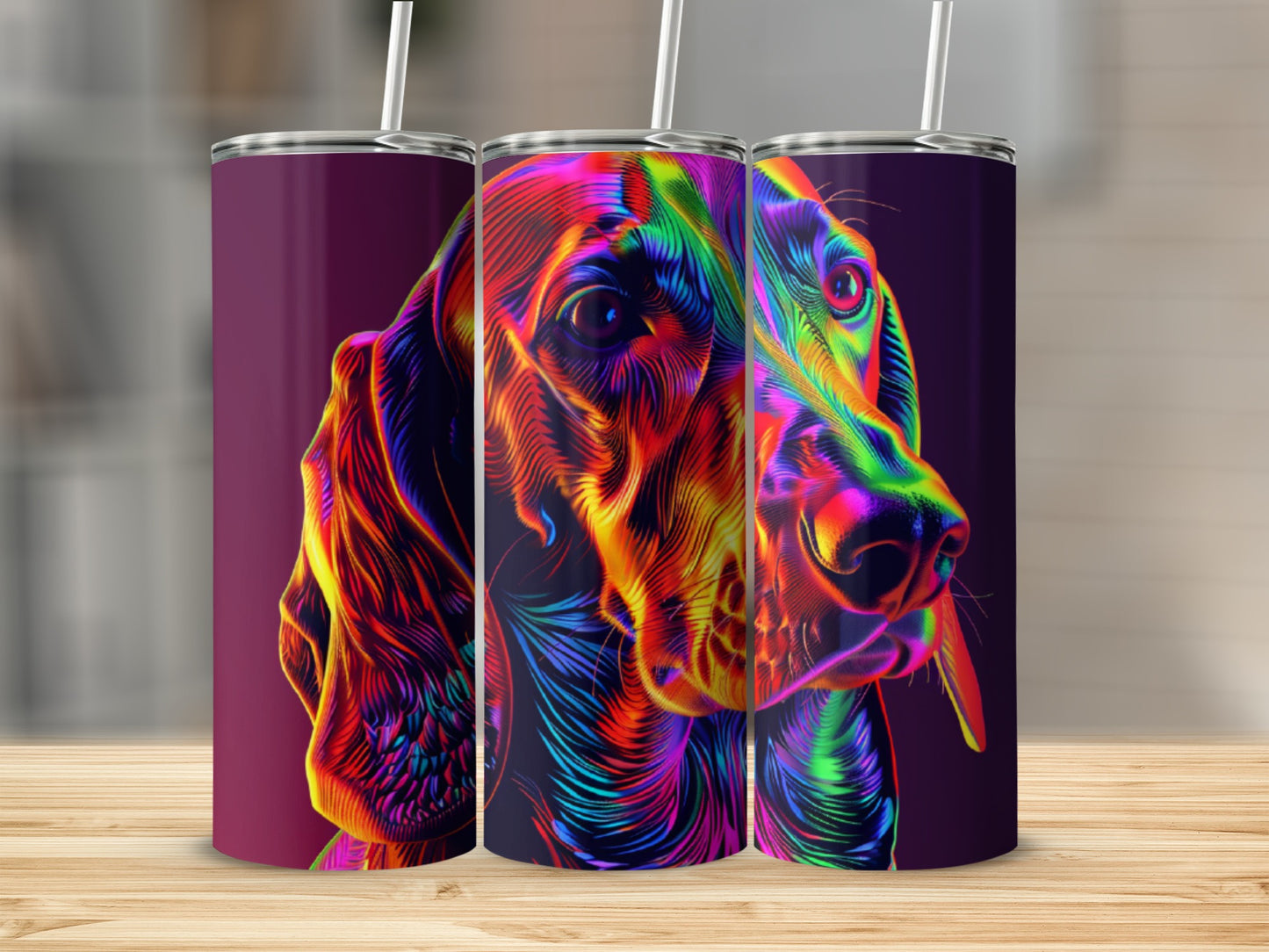 Three vibrant, colorful dog tumblers with straw on a wooden surface.