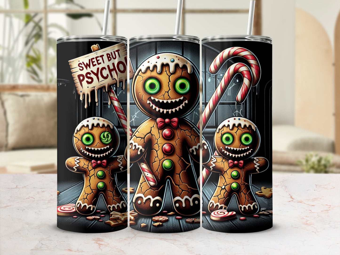 Sweet But Psycho Gingerbread Tumbler with Candy Cane