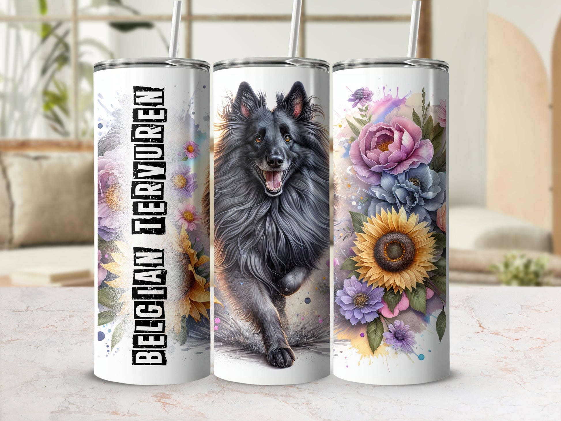 Belgian Tervuren dog with colorful flowers on a tumbler.