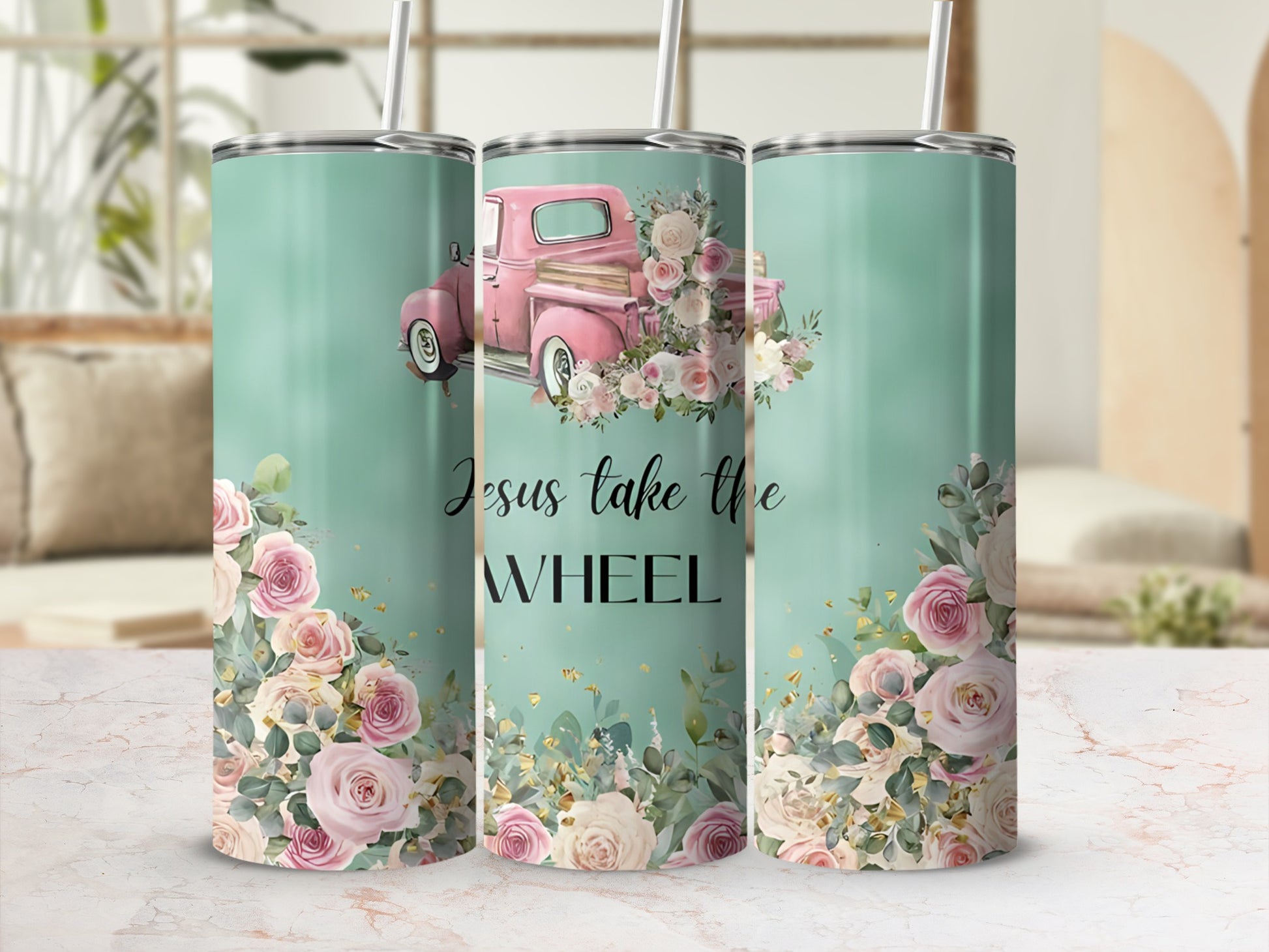 Pink truck with floral accents and text "Jesus take the wheel".