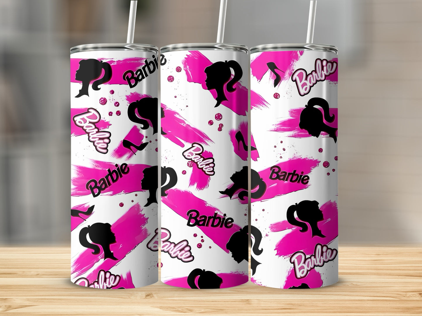 Barbie Silhouettes Pink Stripes Patterned Printed Tumblers