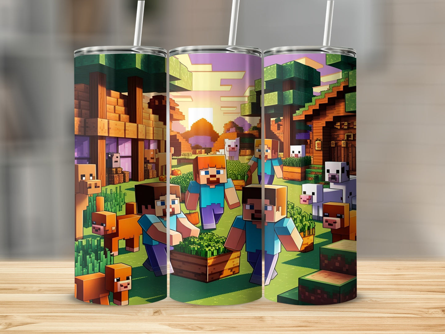 Minecraft characters and animals in a pixelated village setting.