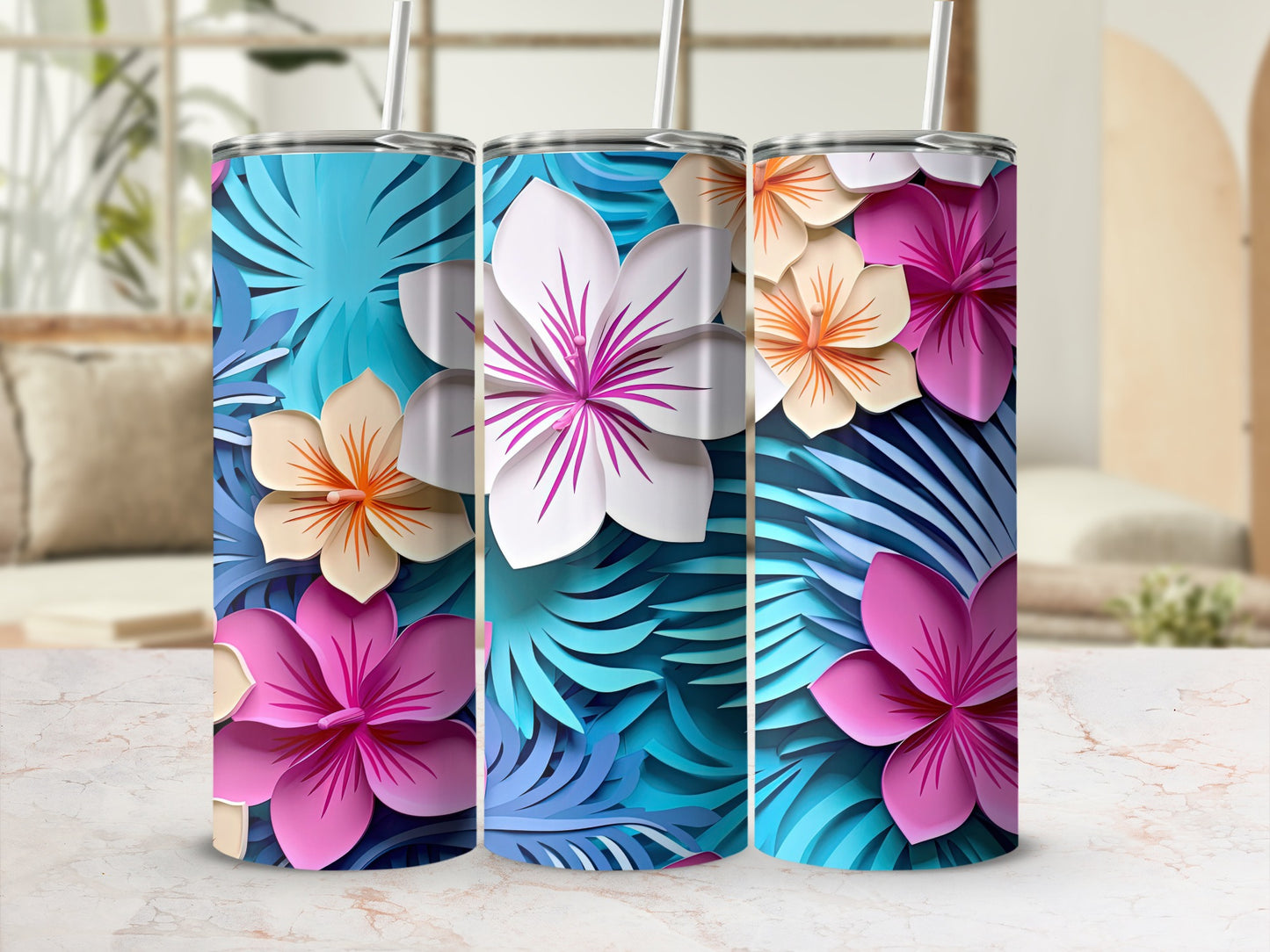 Vibrant Tropical Floral Design on Drinkware Tumblers