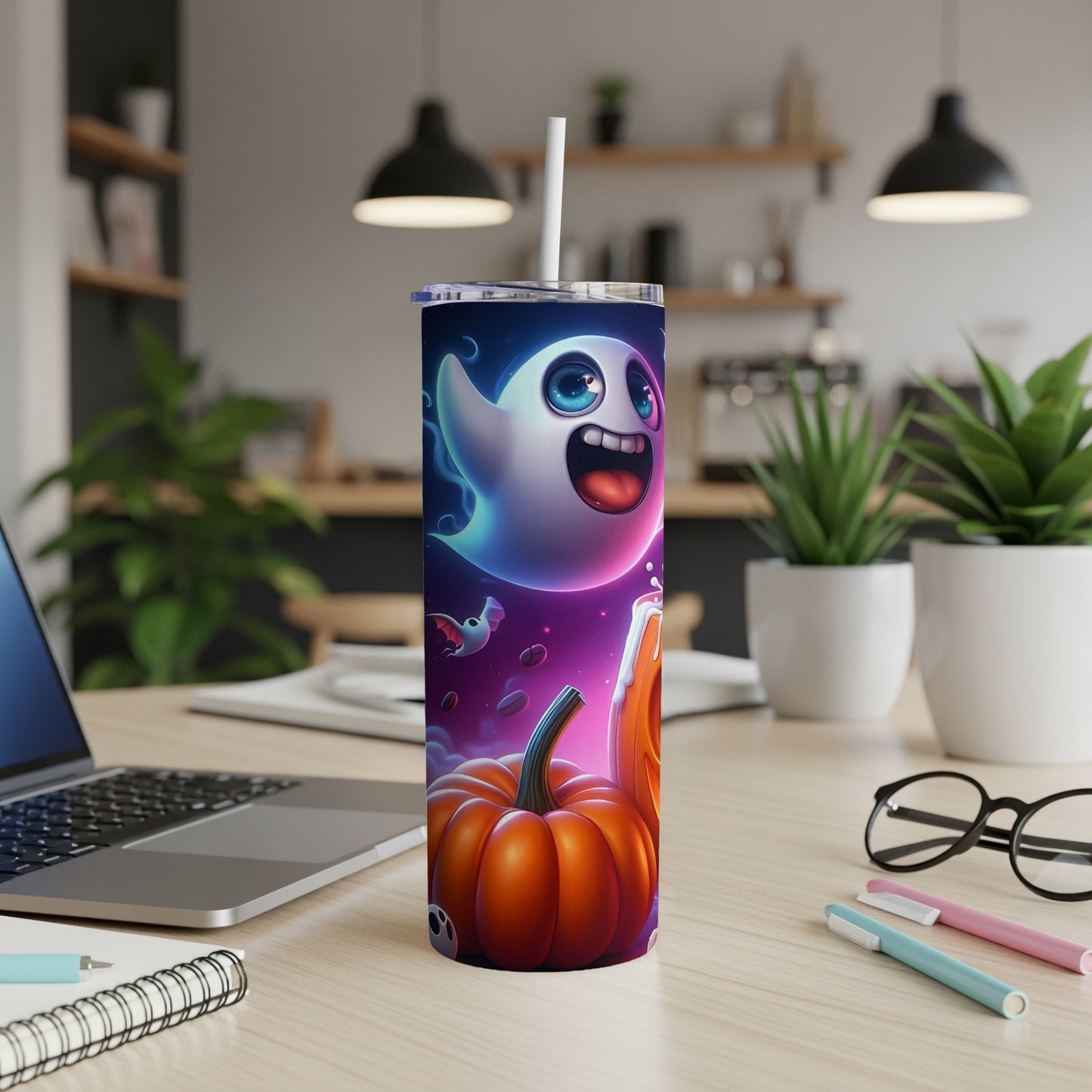 Tumbler with a Halloween design featuring a happy ghost and pumpkins.