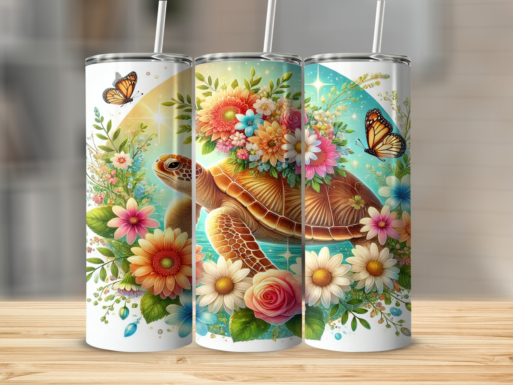 Floral Turtle and Butterfly Insulated Tumbler Product