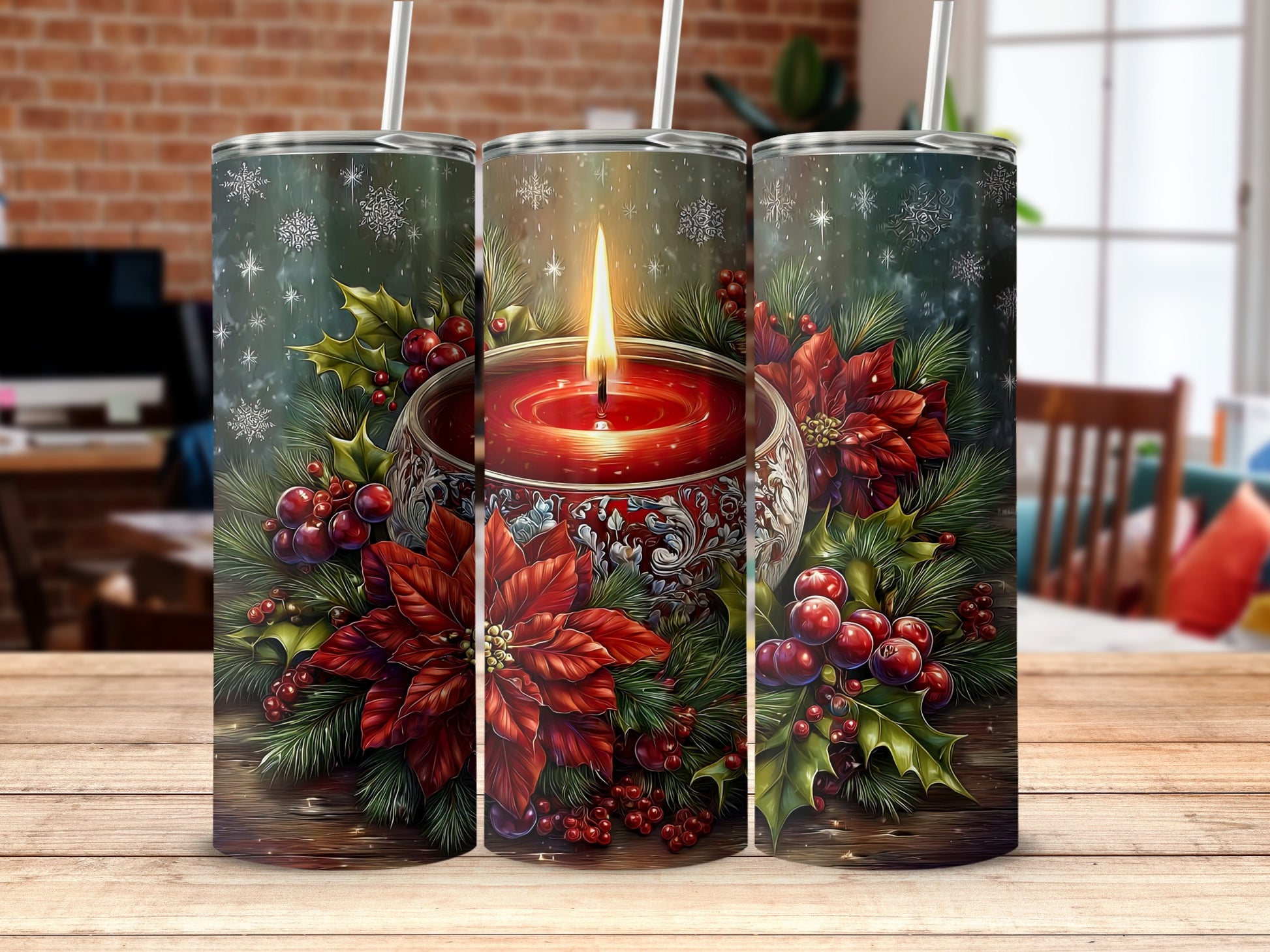 Festive Red Candle Christmas Tumbler With Snowflakes