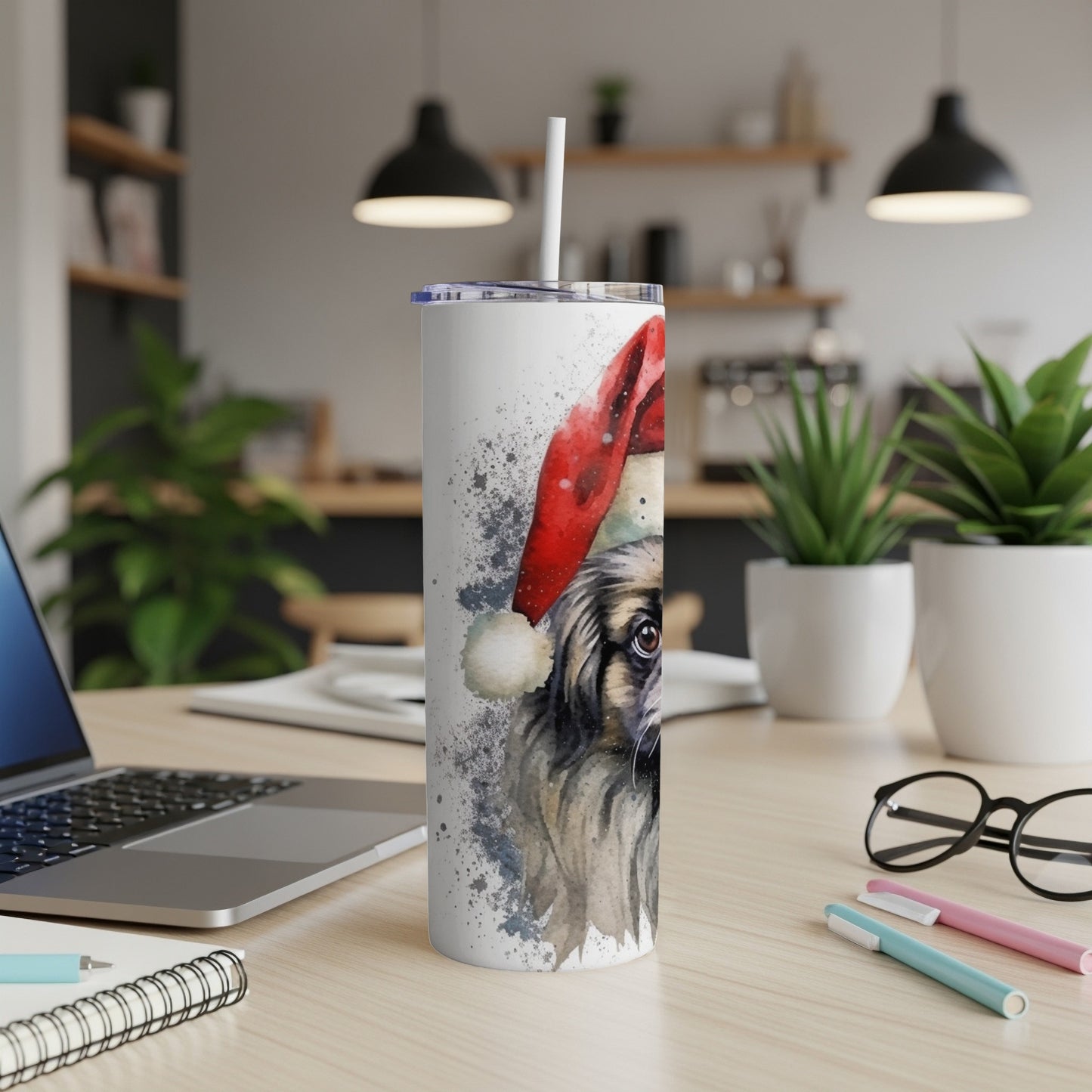Tumbler with watercolor painting of a dog wearing a Santa hat.