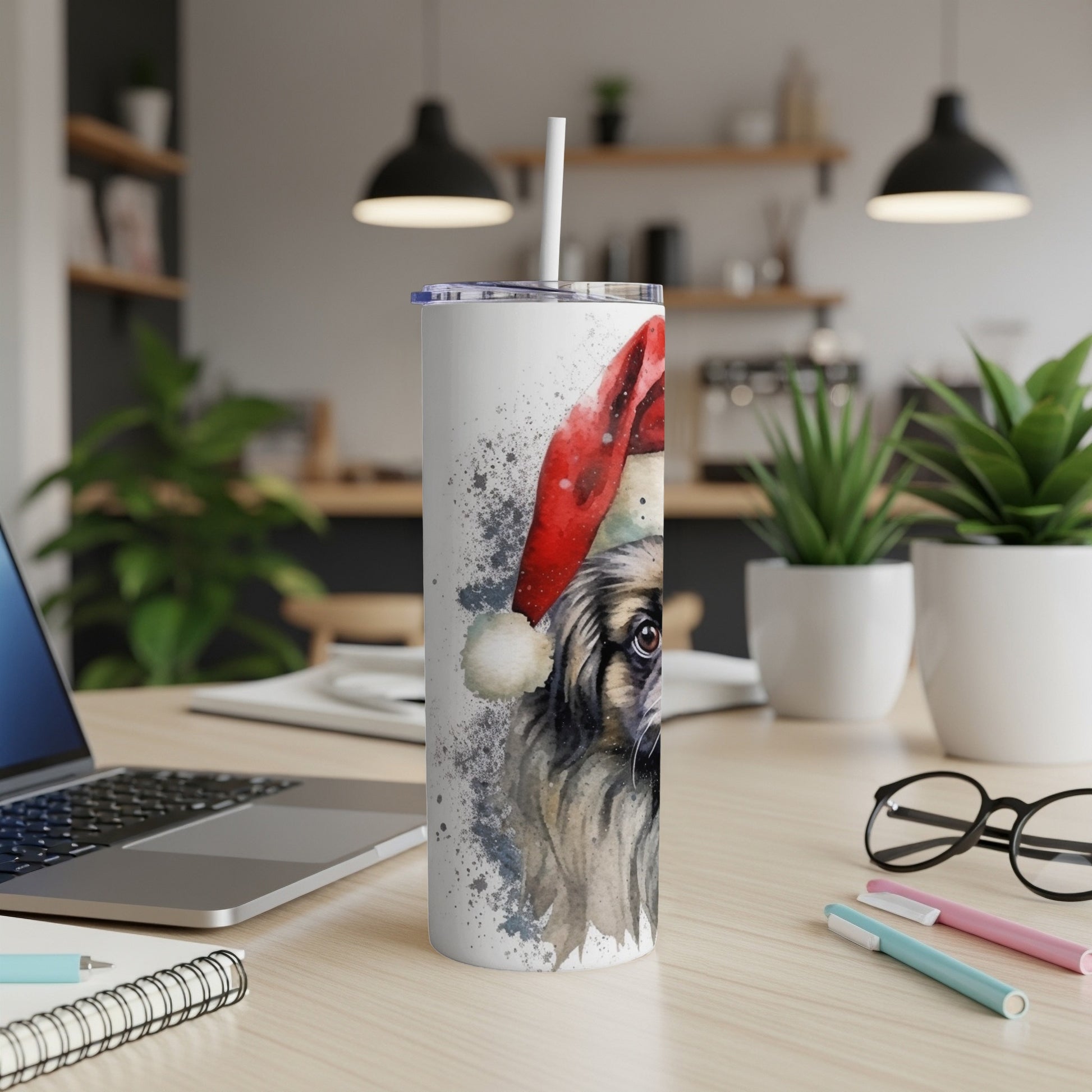 Tumbler with watercolor painting of a dog wearing a Santa hat.
