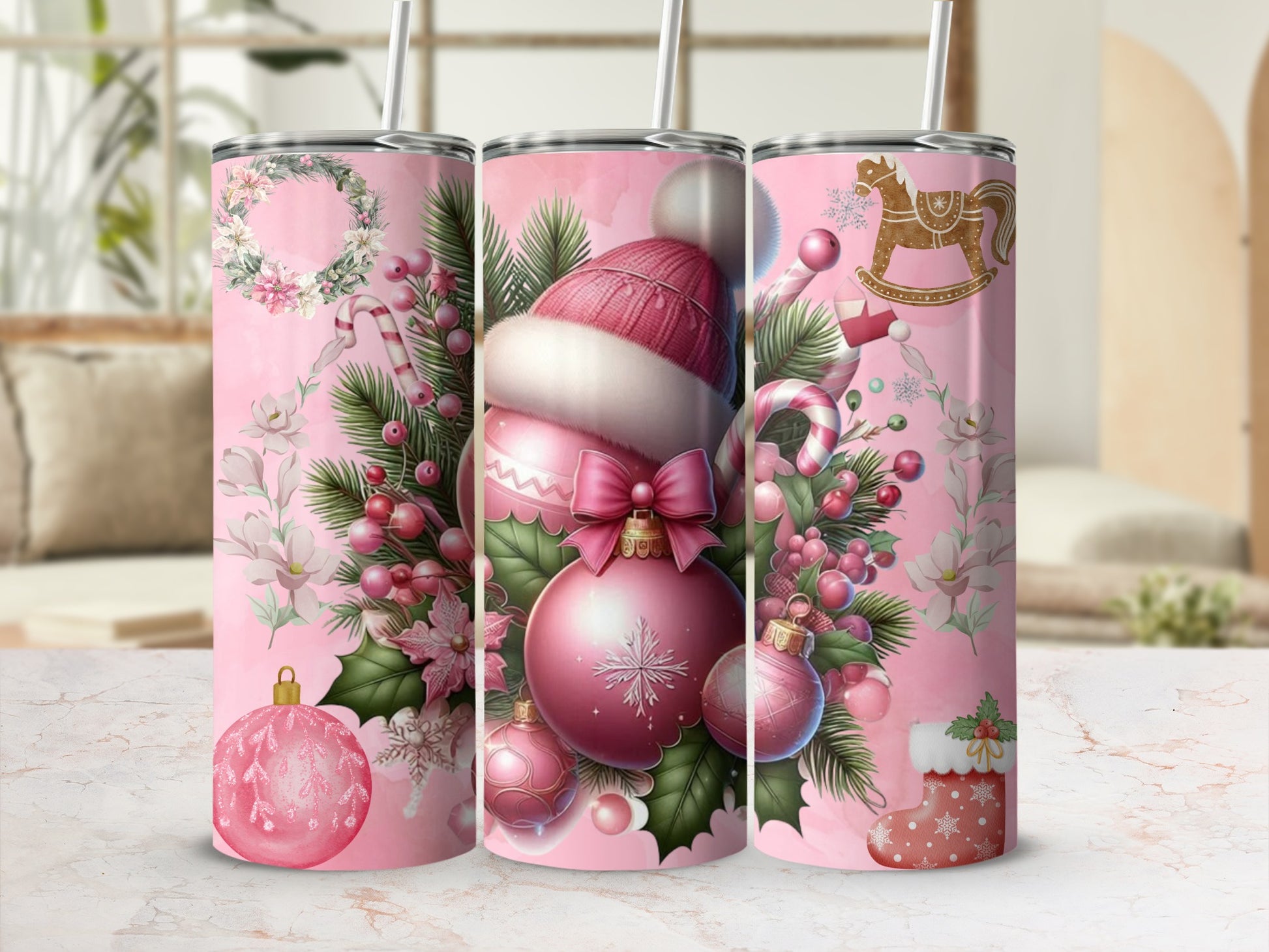 Festive Christmas Themed Tumbler with Pink Holiday Designs