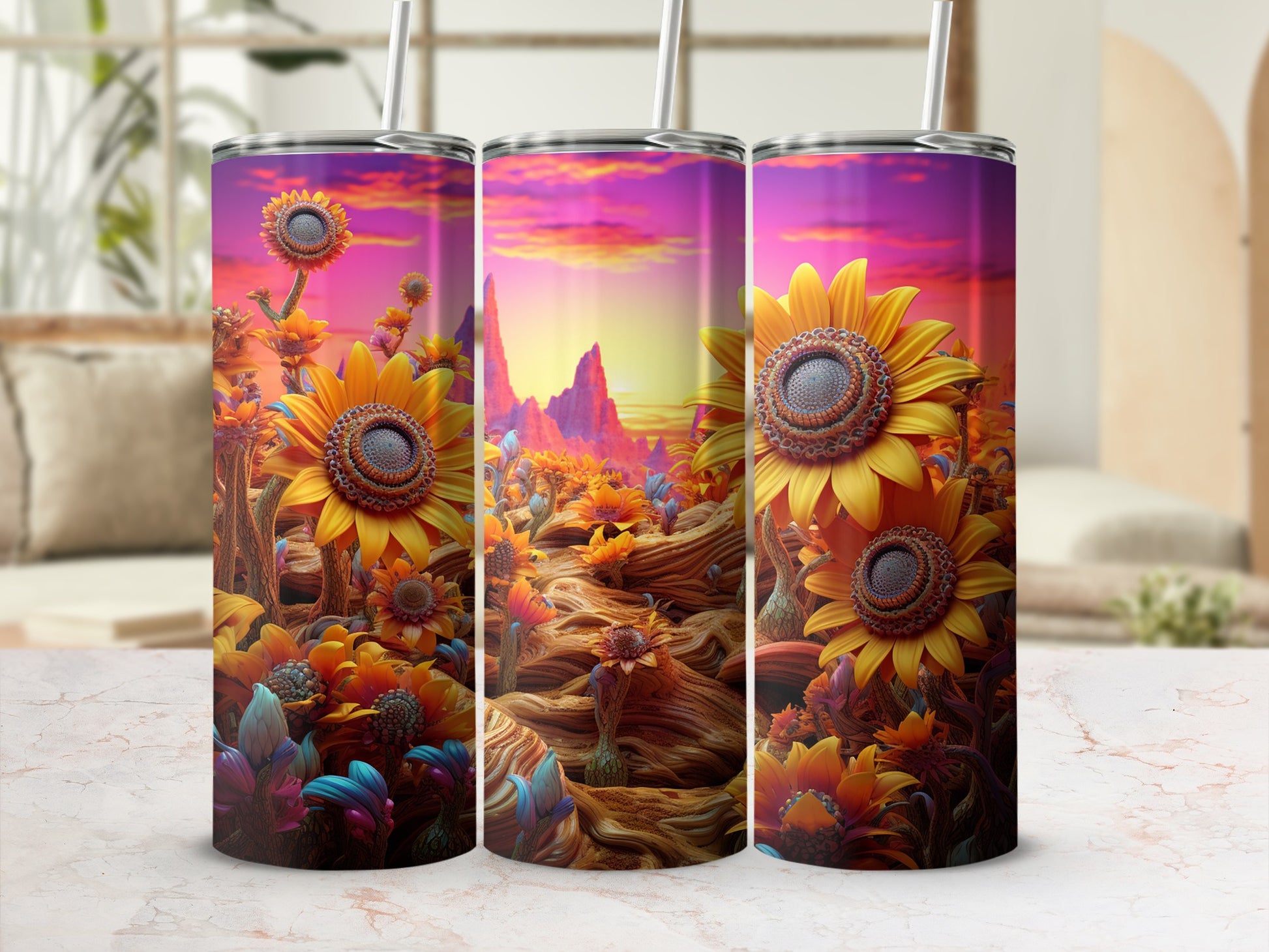 Vibrant Sunflower Landscape Travel Tumbler Cup