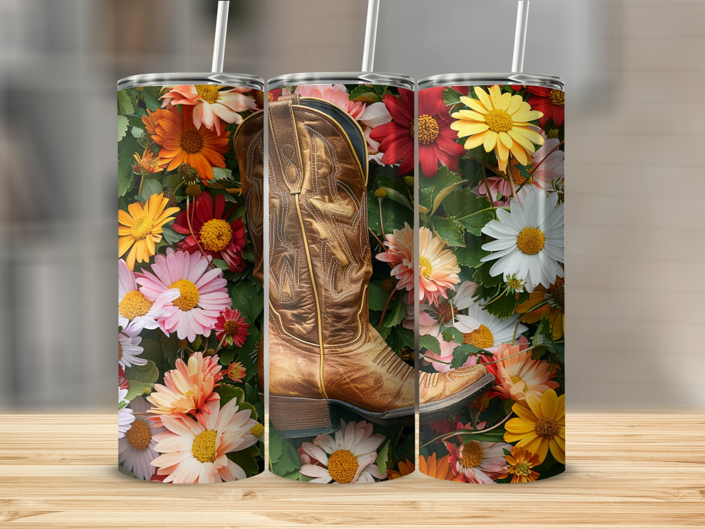 Gold cowboy boot with floral pattern on a tumbler.