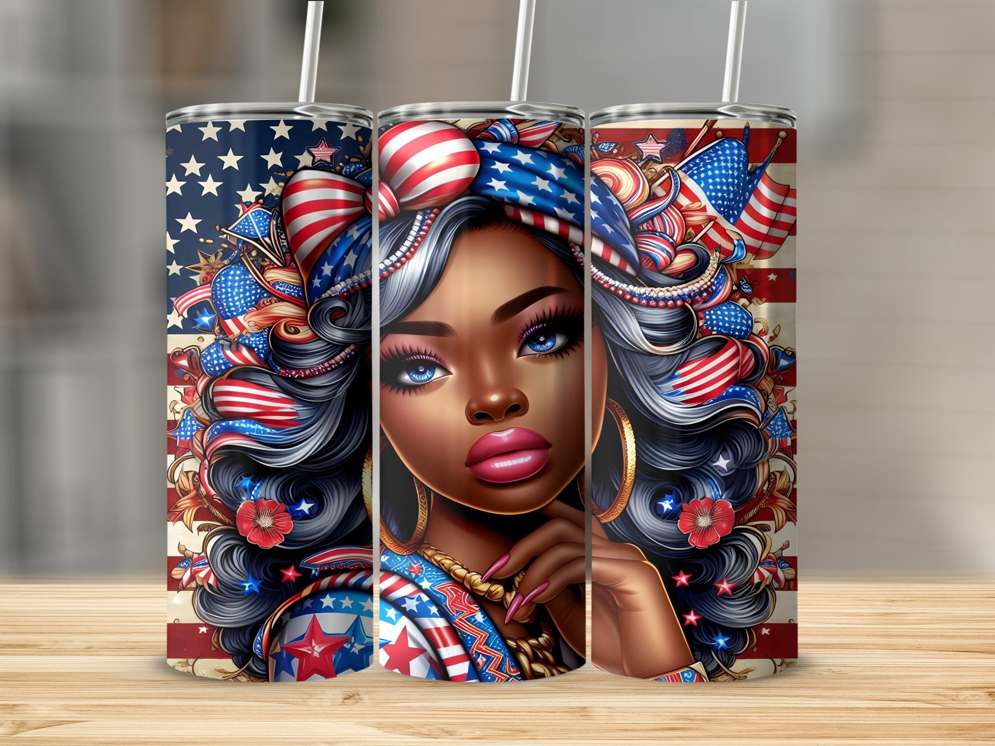Woman with patriotic bandana and stars, holding a tumbler.