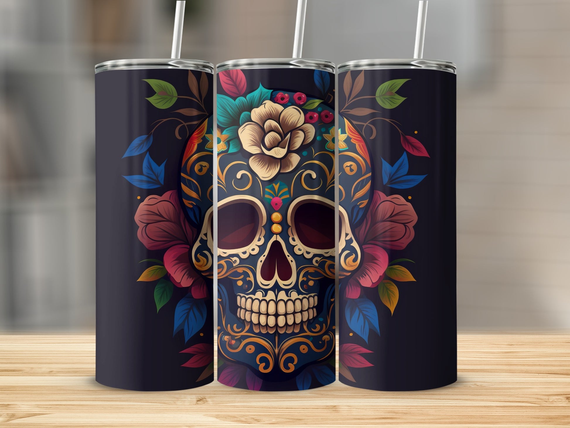 Day of the Dead Skull Design Colorful Floral Tumbler