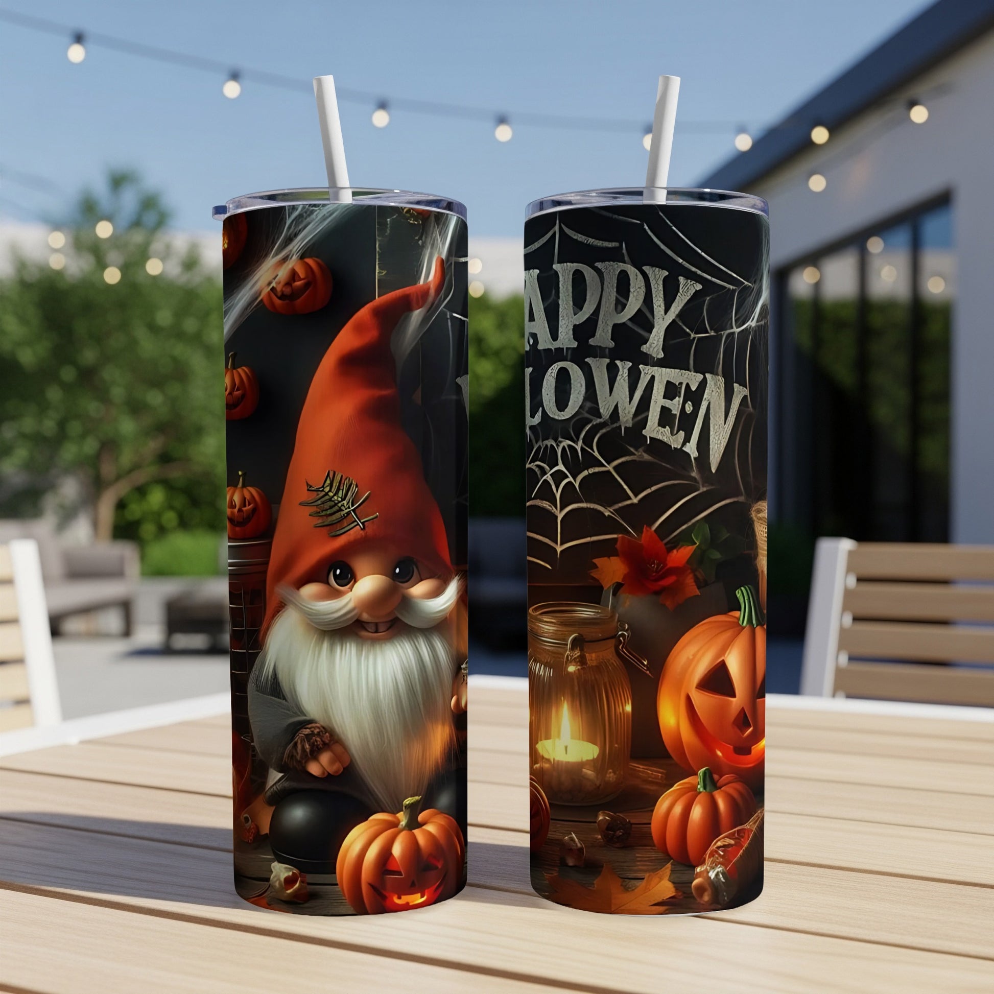 Halloween tumblers with gnome and pumpkin designs, one saying "Happy Halloween."