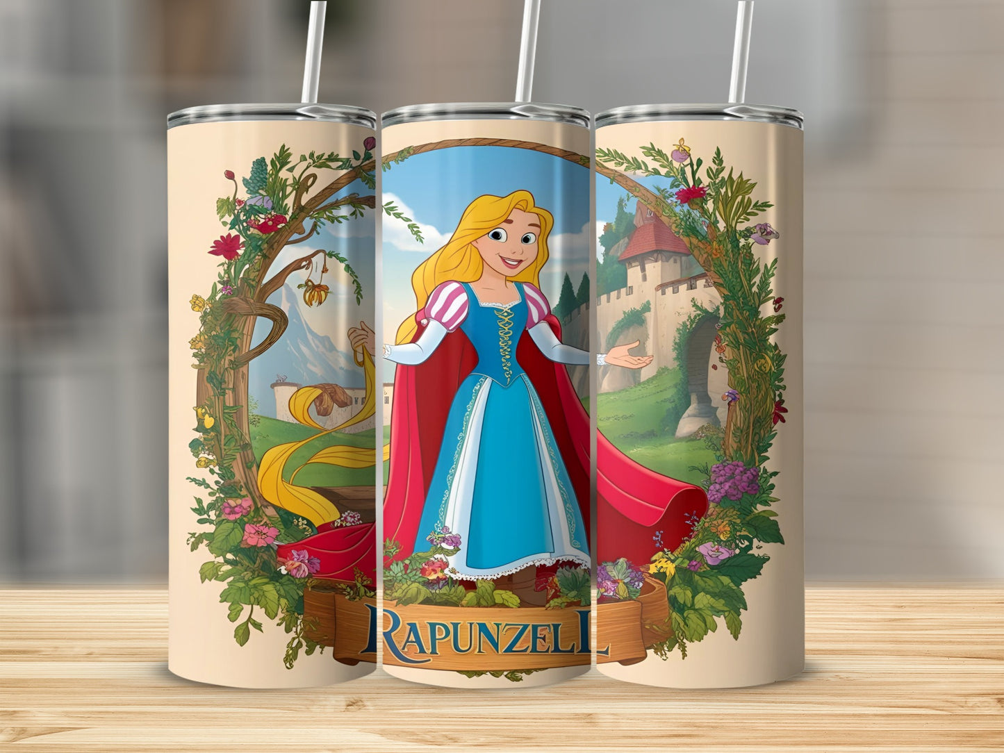Rapunzel in blue dress with floral frame and "Rapunzel" text.
