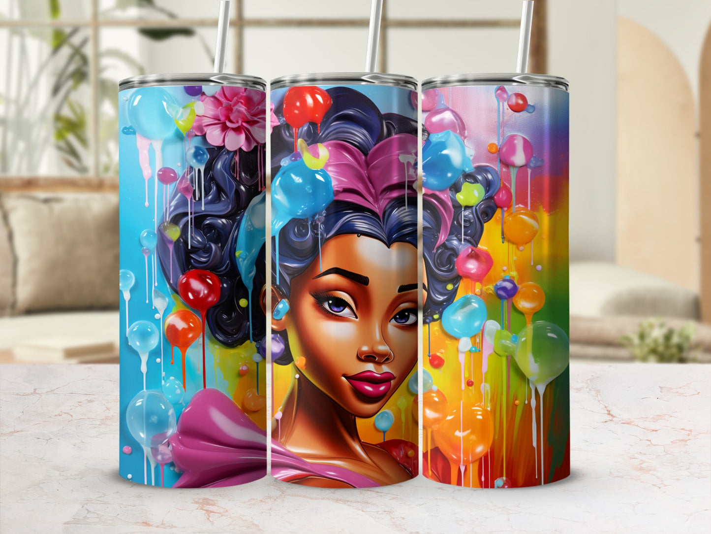 Vibrant Artistic Woman Printed Insulated Drinking Tumbler