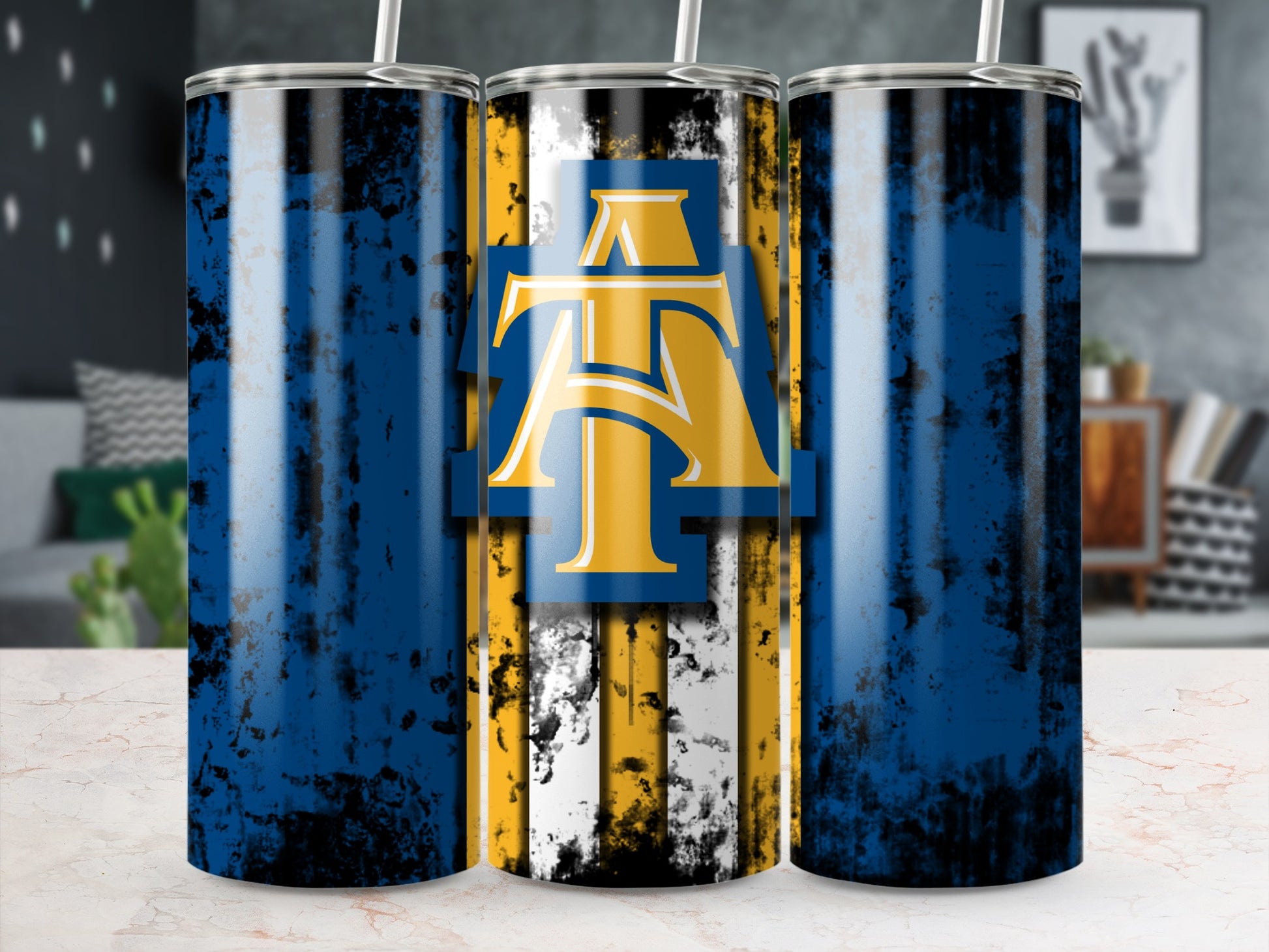 Distressed Blue and Gold Double Wall Insulated Tumbler