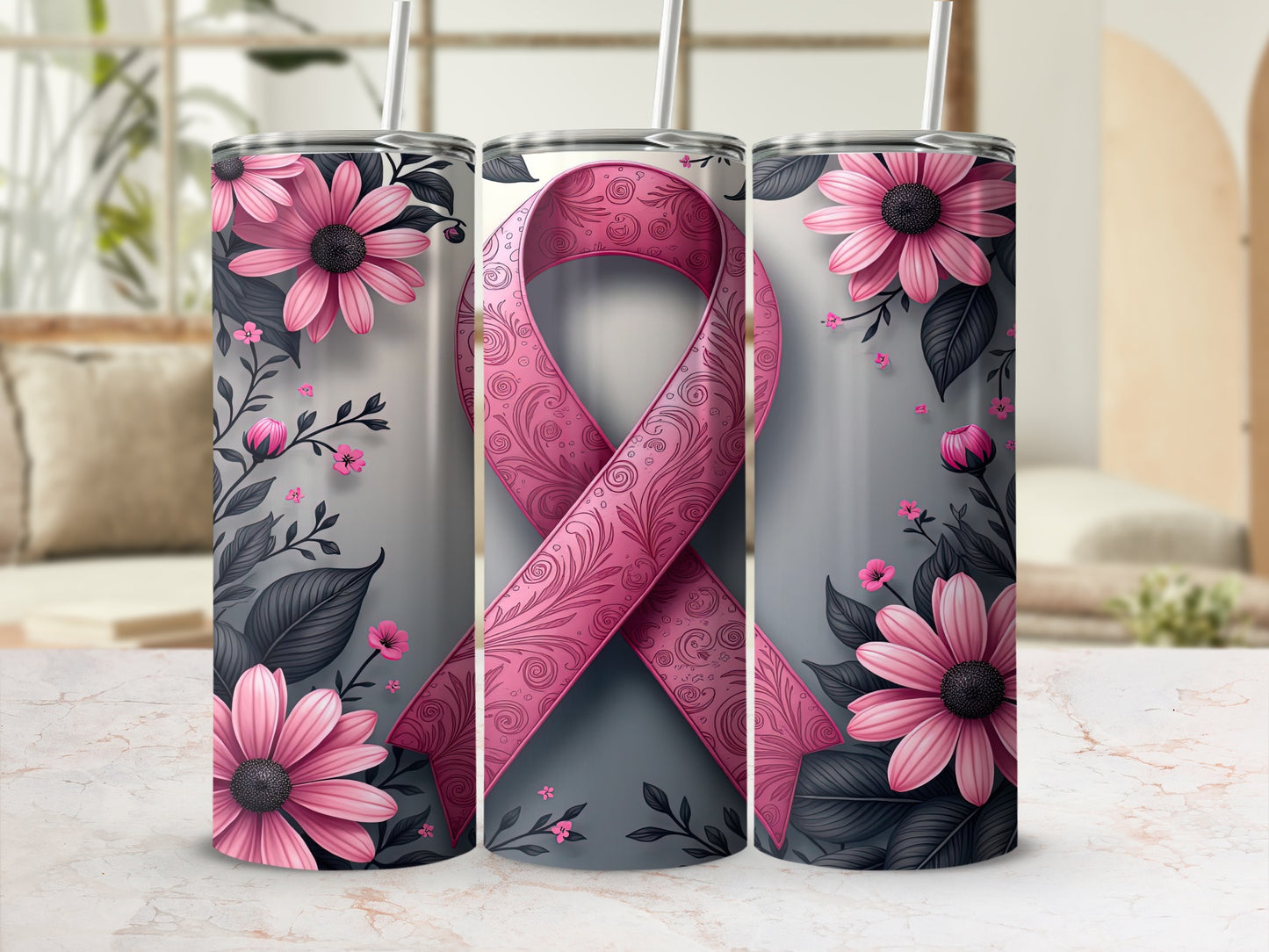 Pink ribbon with flowers and leaves design on a tumbler.