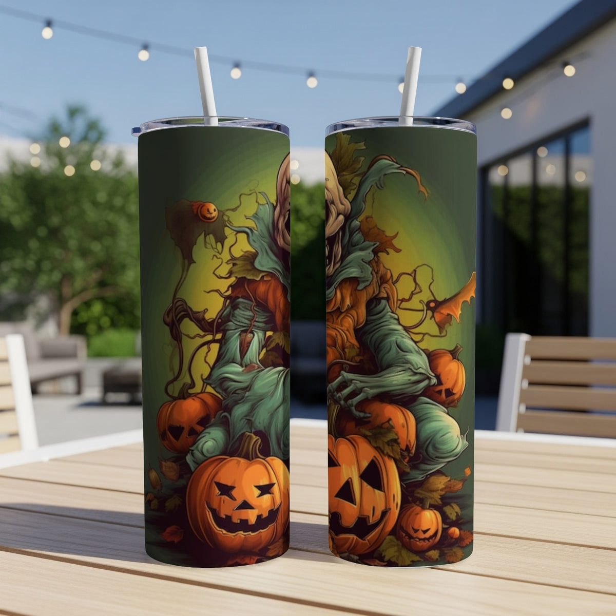 Two tumblers feature a spooky scarecrow surrounded by jack-o'-lanterns.