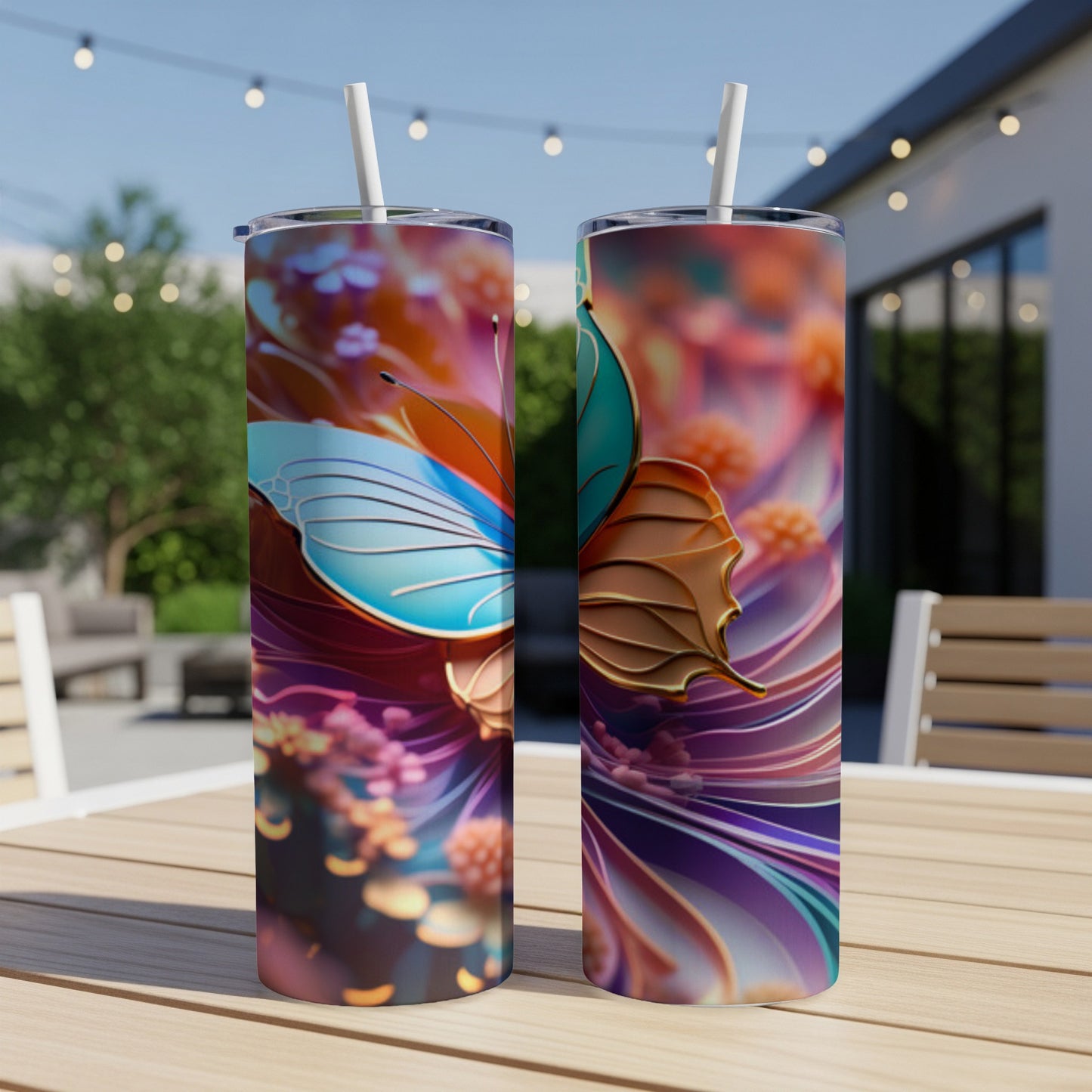 Two iridescent tumblers with colorful butterfly wing designs on an outdoor table.