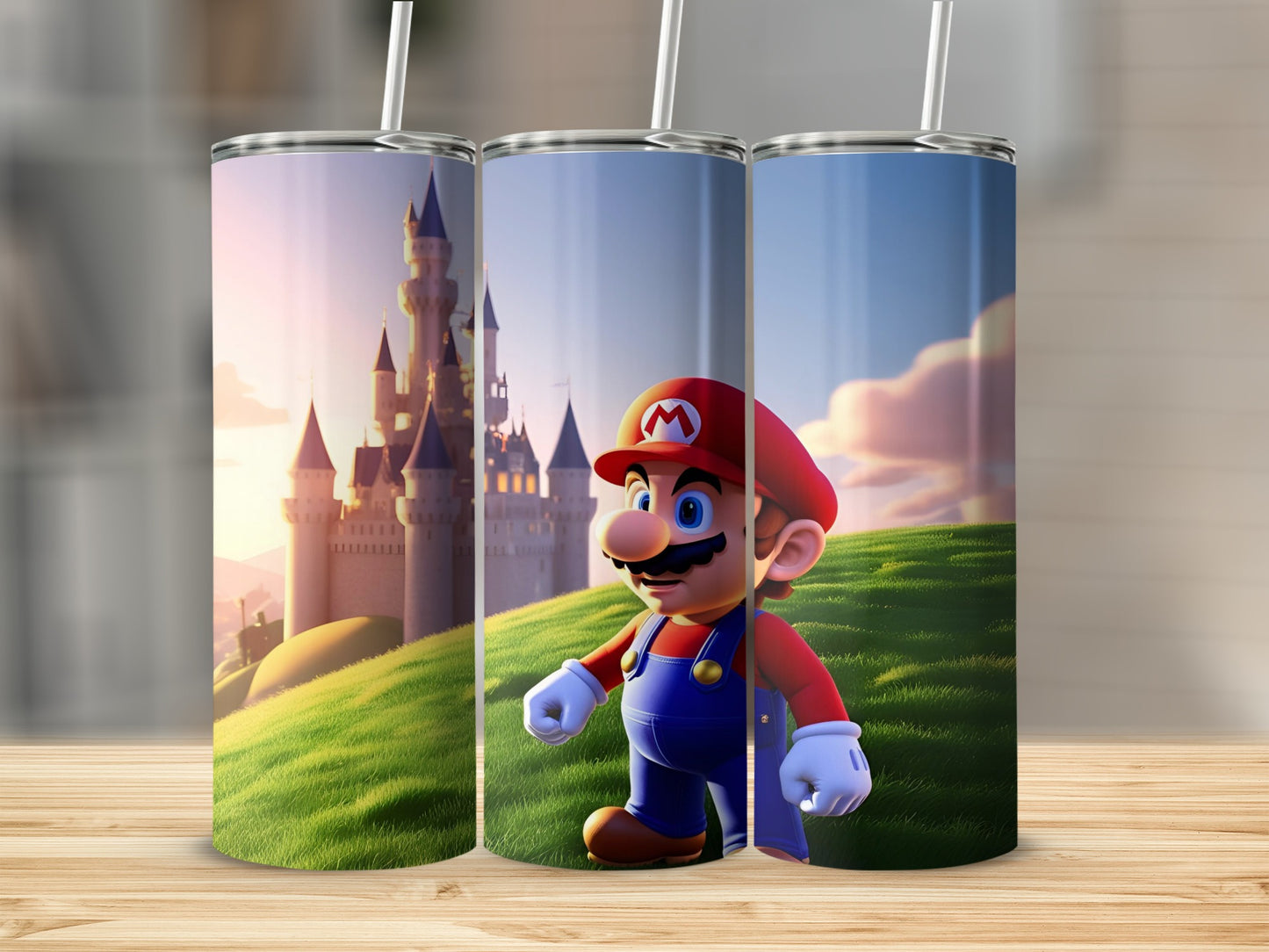 Mario character in front of a castle on a grassy hill.