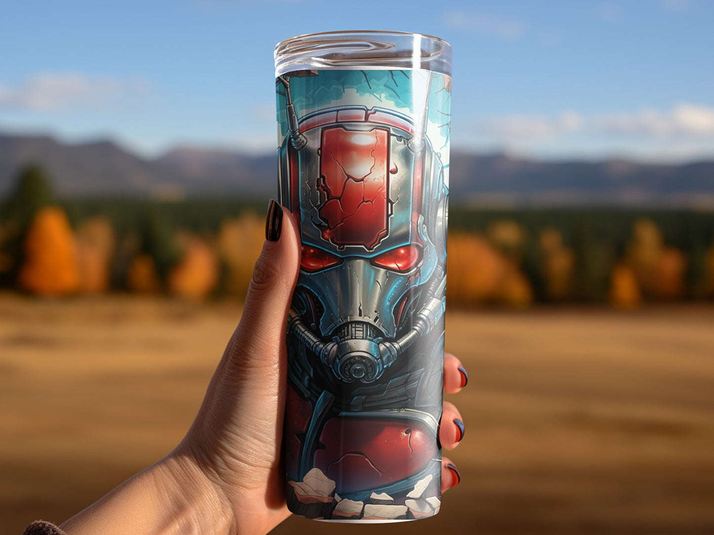 Marvel Themed Tumbler with Scenic Mountain Background