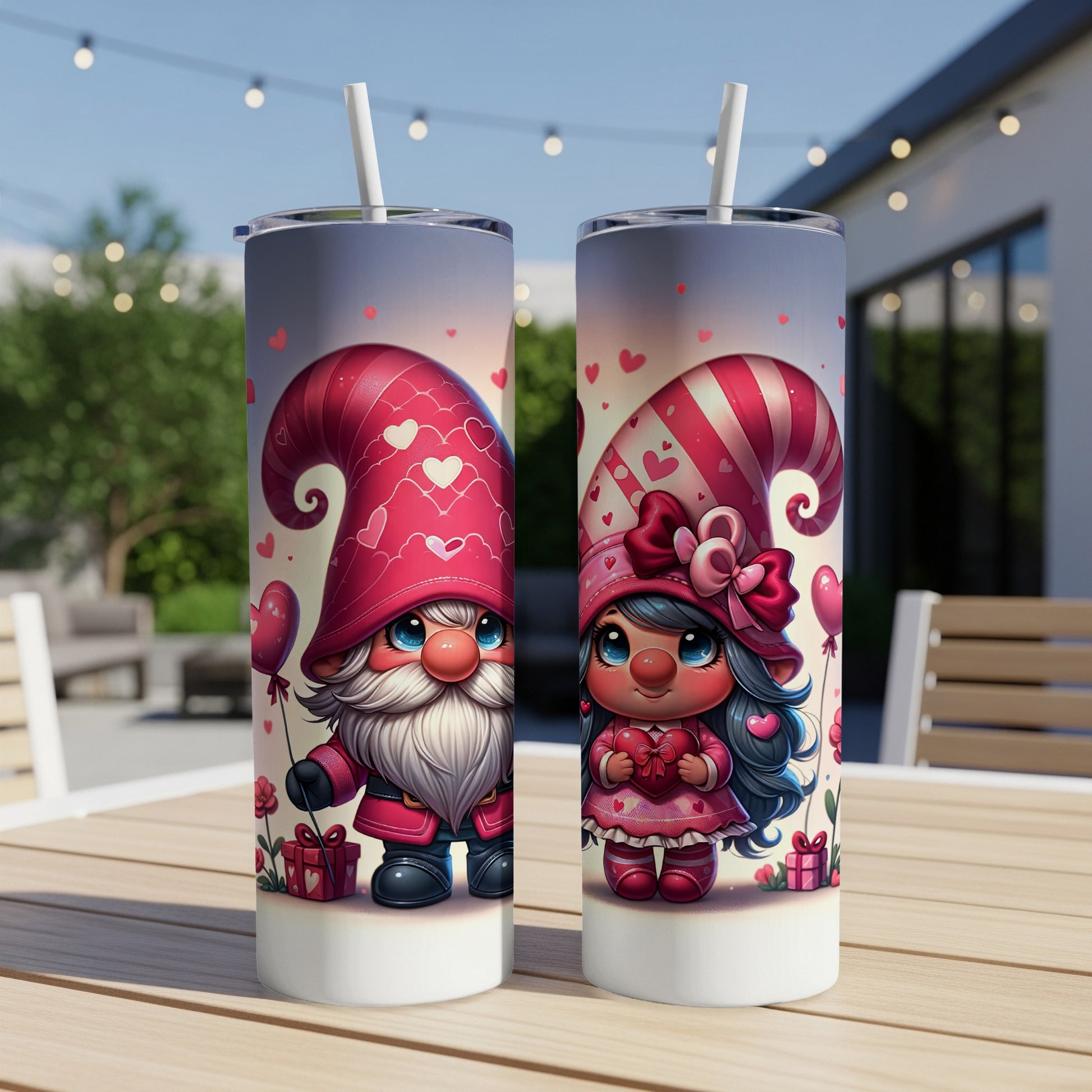 Two gnomes, one male with a beard and one female with a bow, hold heart gifts.