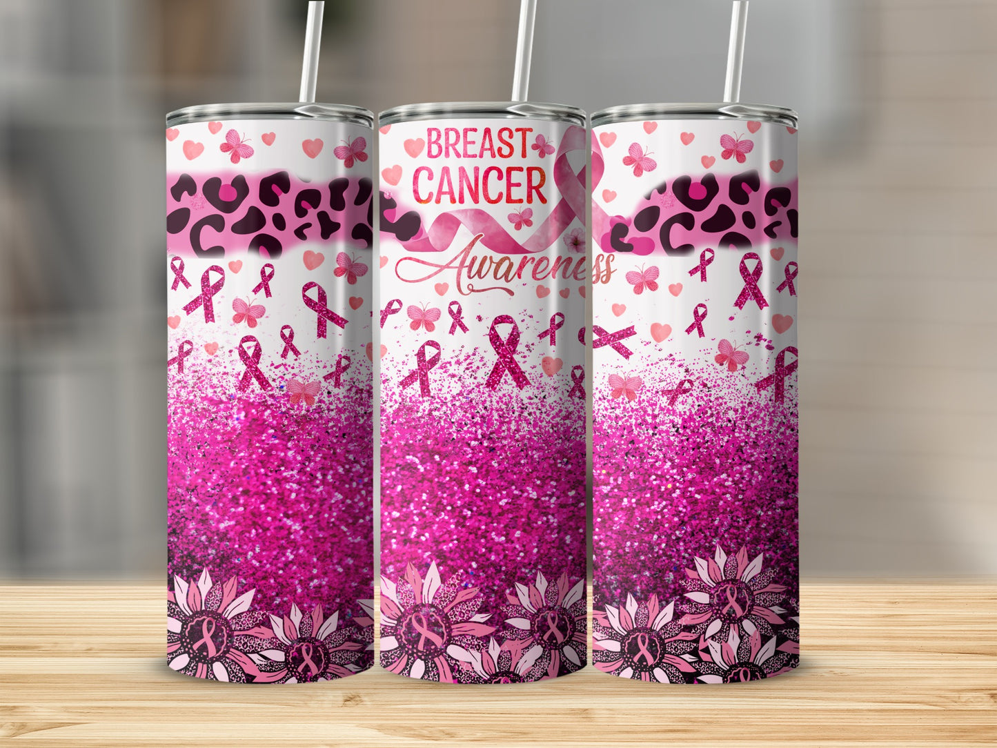 Pink glitter tumbler with leopard print and breast cancer awareness ribbons.