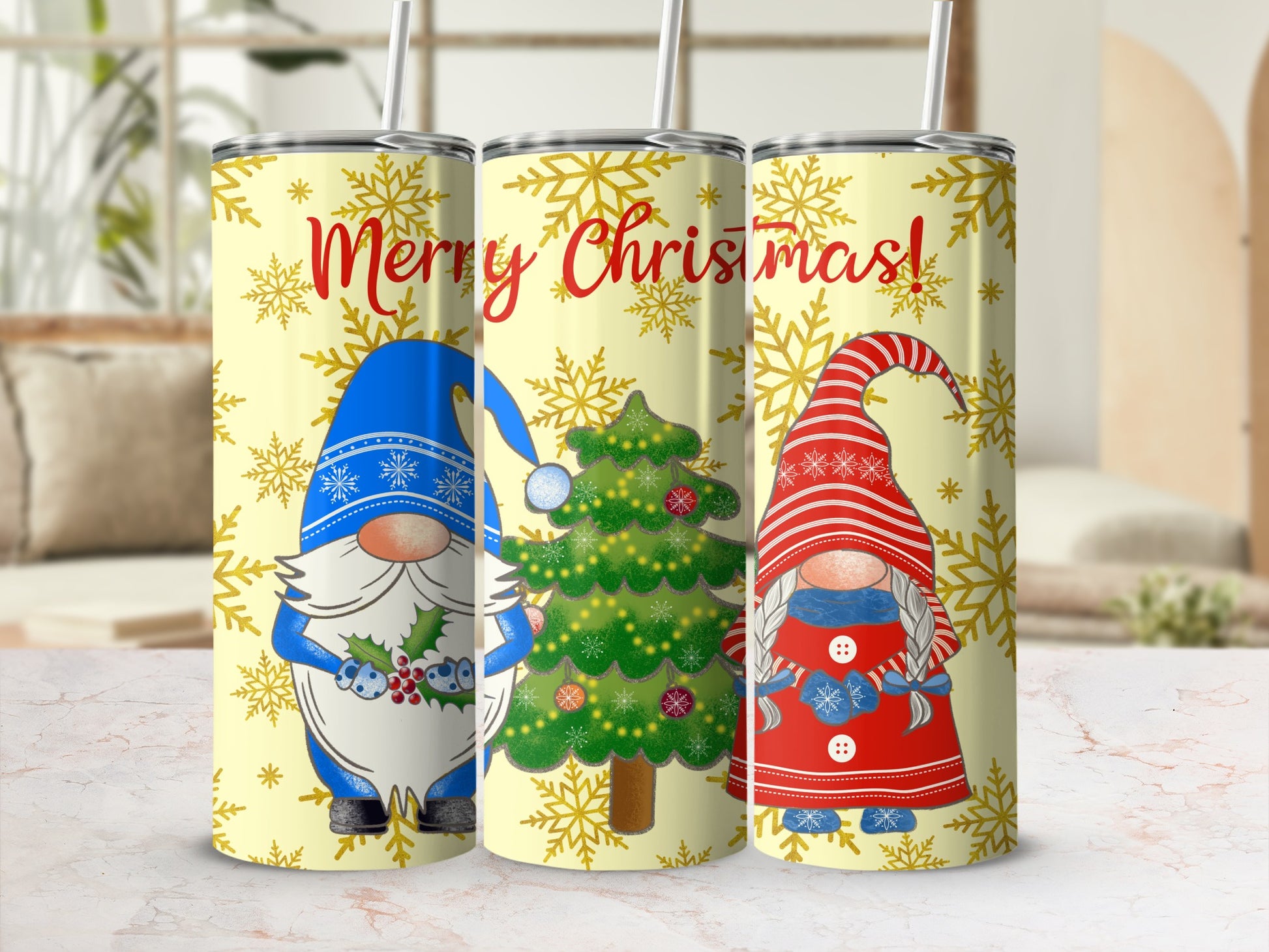 Three gnomes with snowflakes and "Merry Christmas!" text on tumblers.