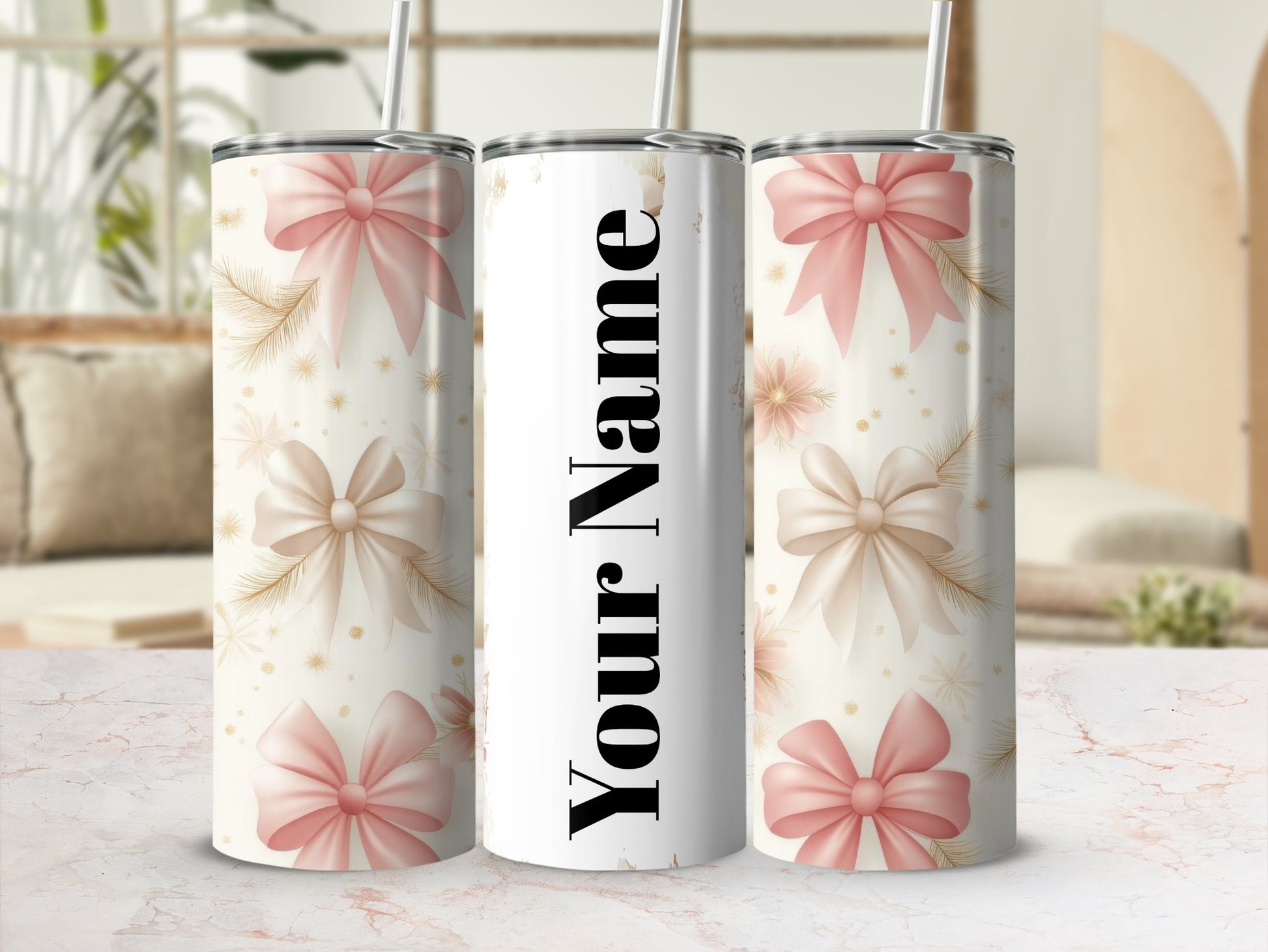 Personalized Tumbler with Pink and White Ribbon Print