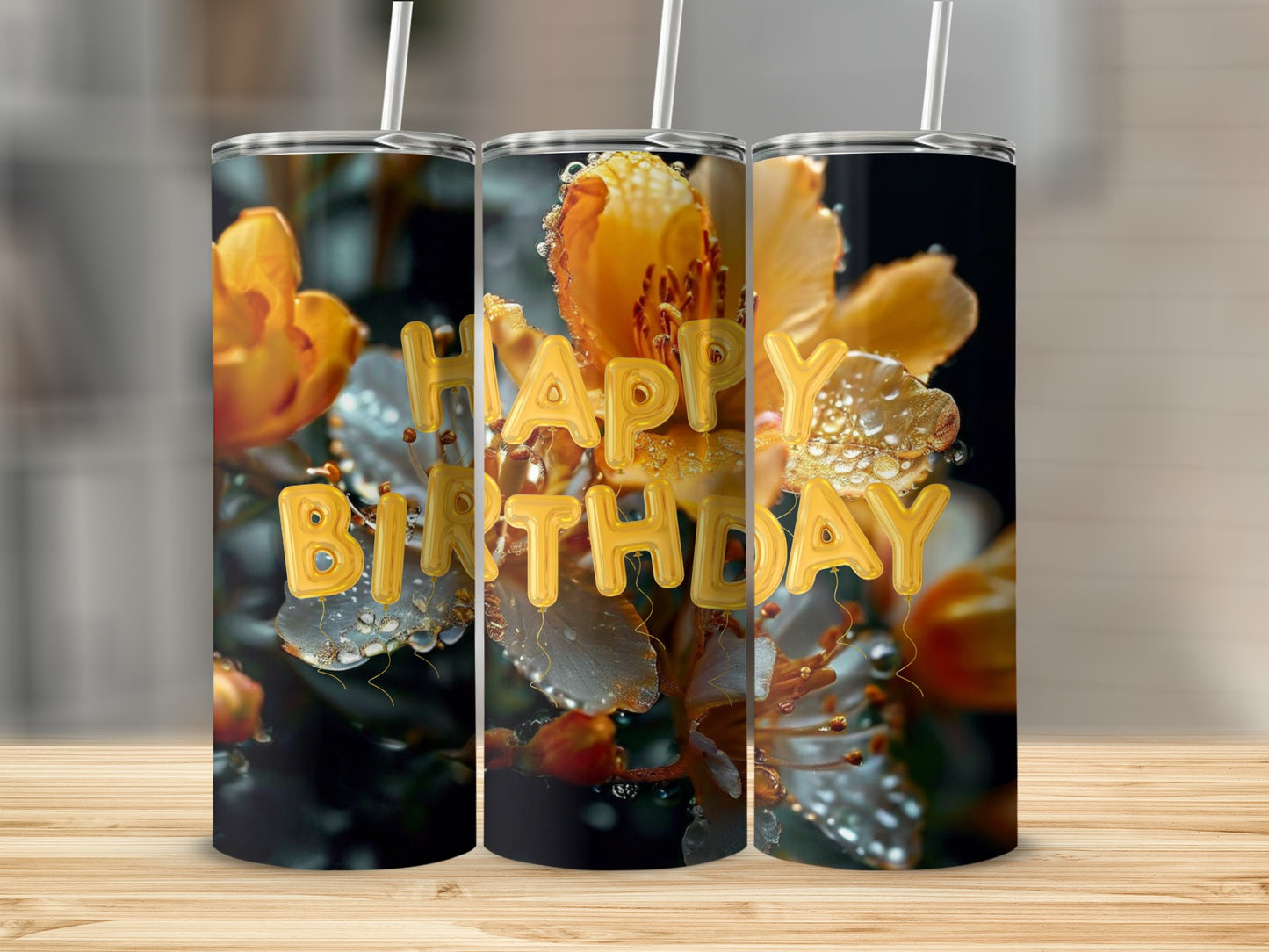 Tumbler with yellow "Happy Birthday" balloons and blooming flowers.